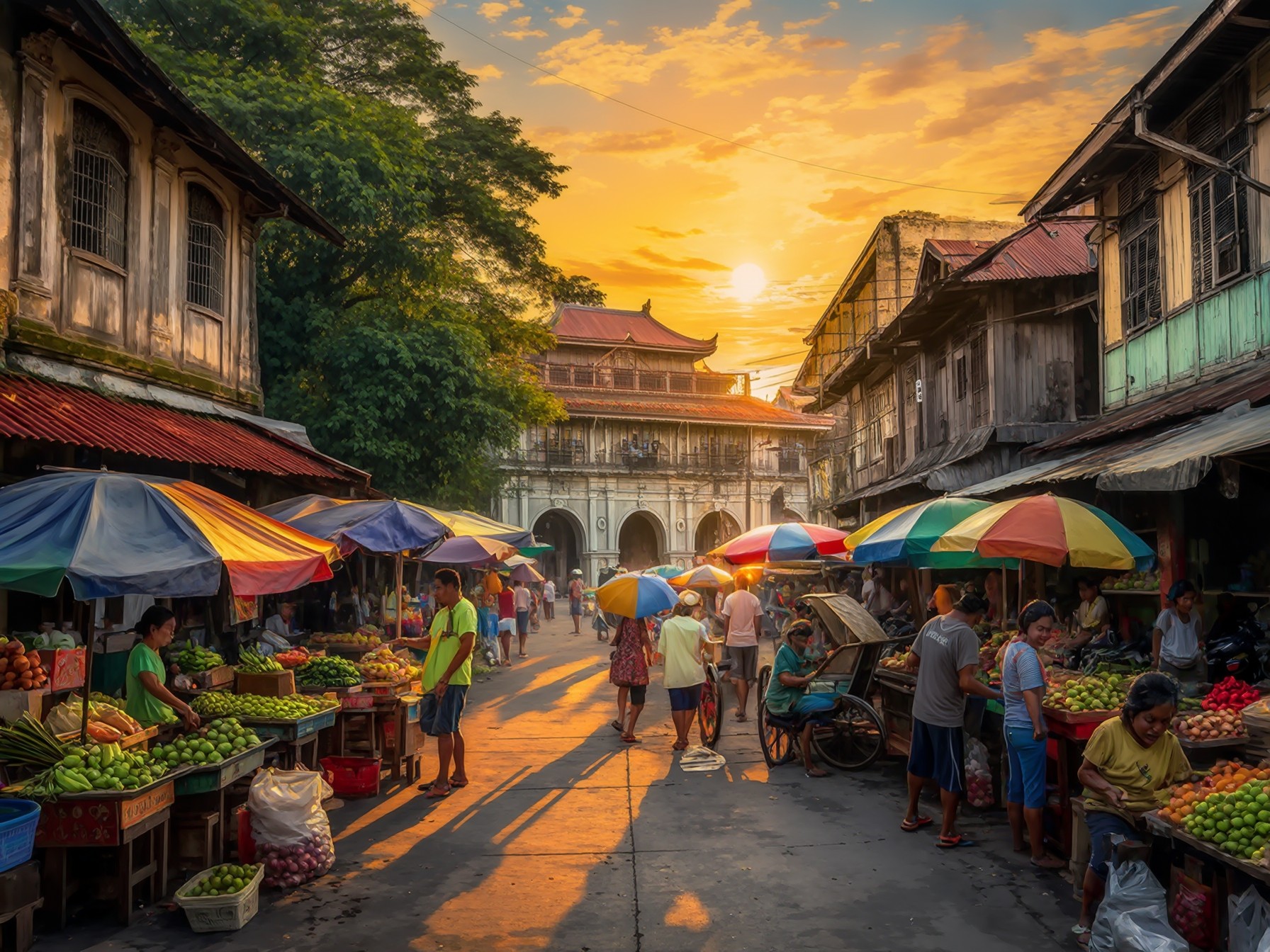 Sunlit cultural market street with vibrant vendor stalls, colorful umbrellas, and historic architecture in warm sunset glow.