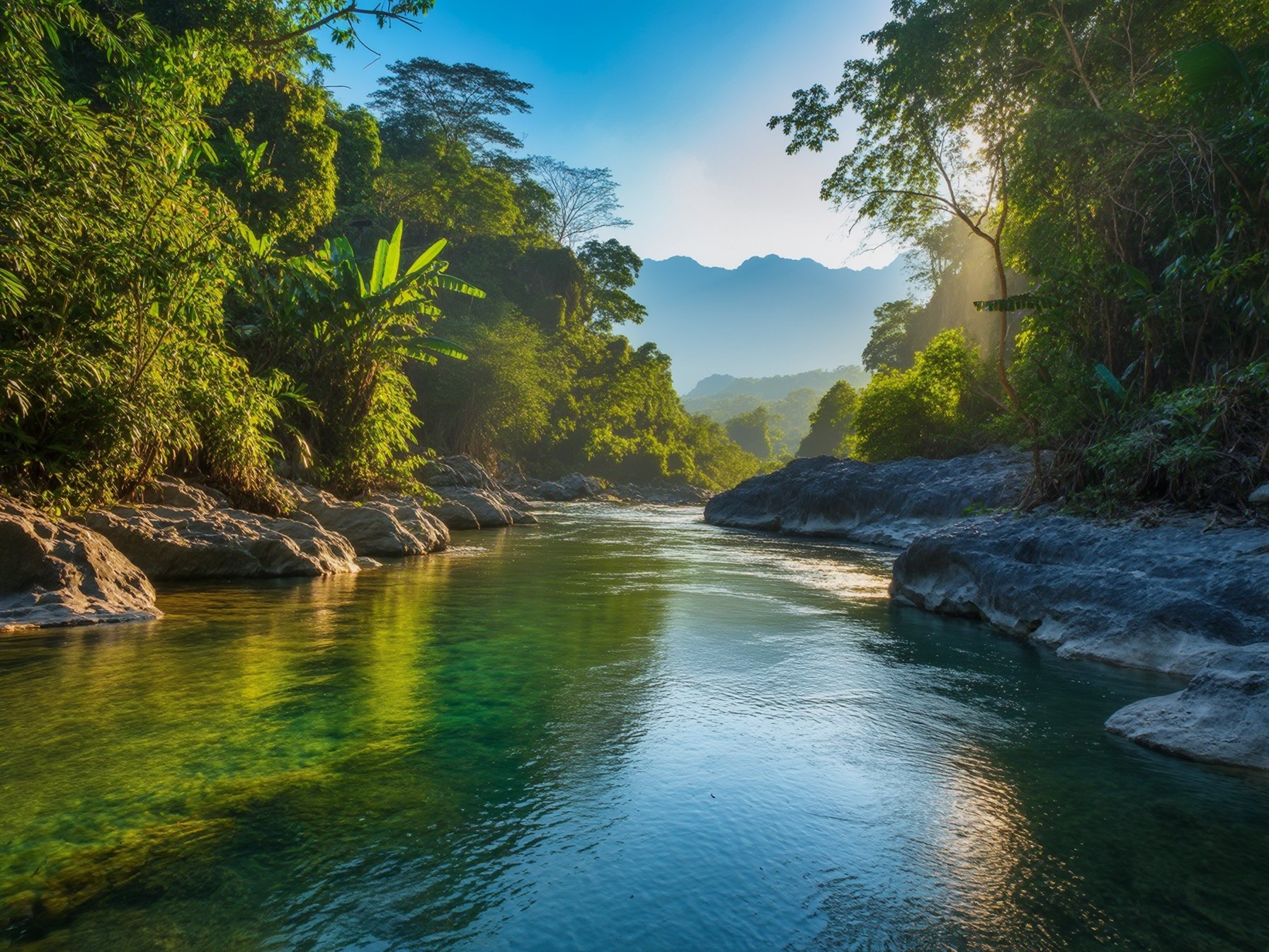 Tranquil tropical river landscape with lush green foliage, sunlight streaming through trees, and clear water in the morning.