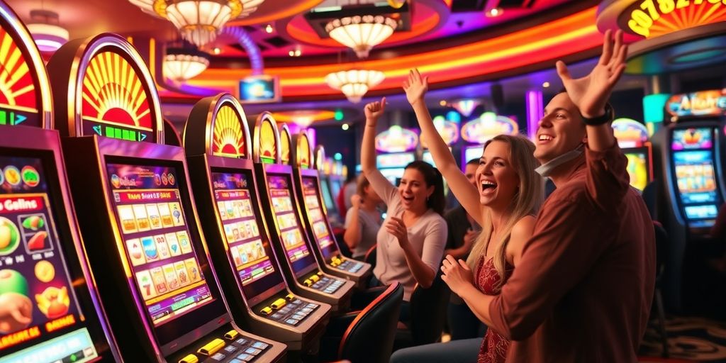 Colorful slot machines and joyful players in a casino.