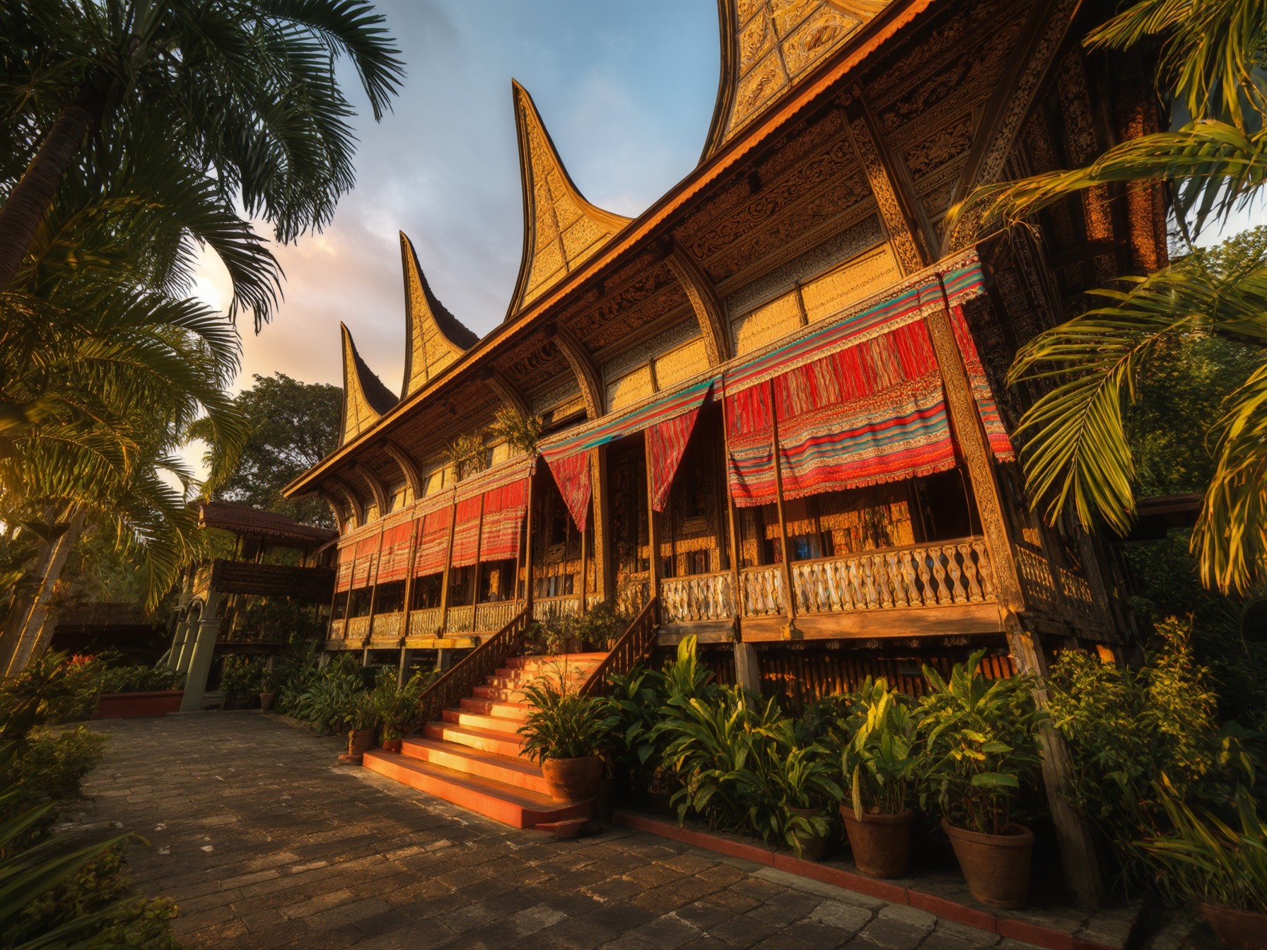 Traditional Minangkabau house with ornate carved roof and colorful textiles, set among lush tropical plants at sunrise.