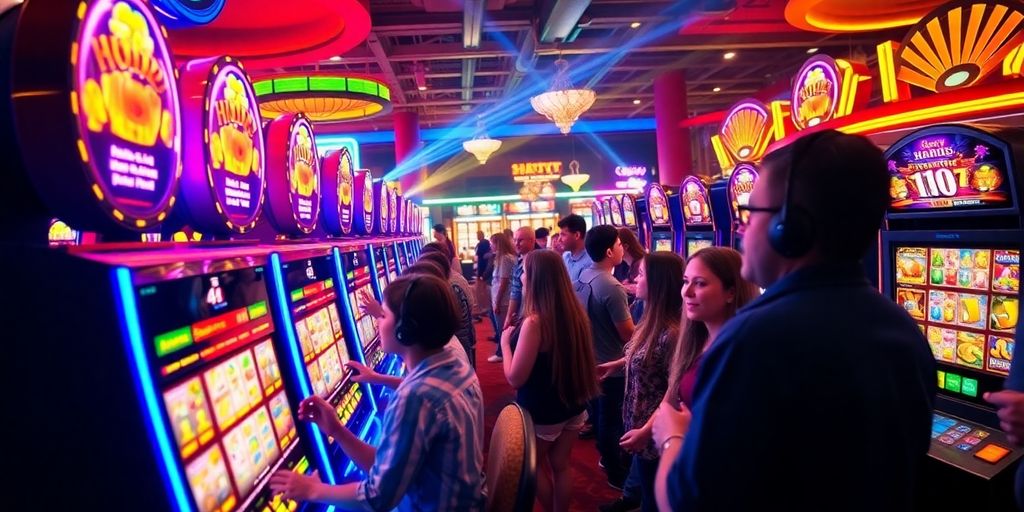 Exciting casino scene with colorful slot machines and players.