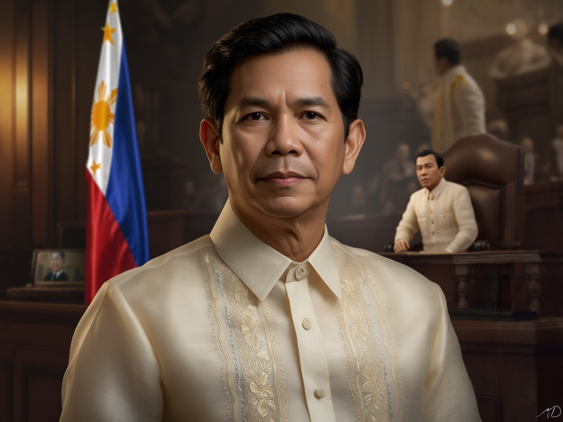 A man wearing a traditional Barong Tagalog, with the Philippine flag in the background, in a formal legislative setting.