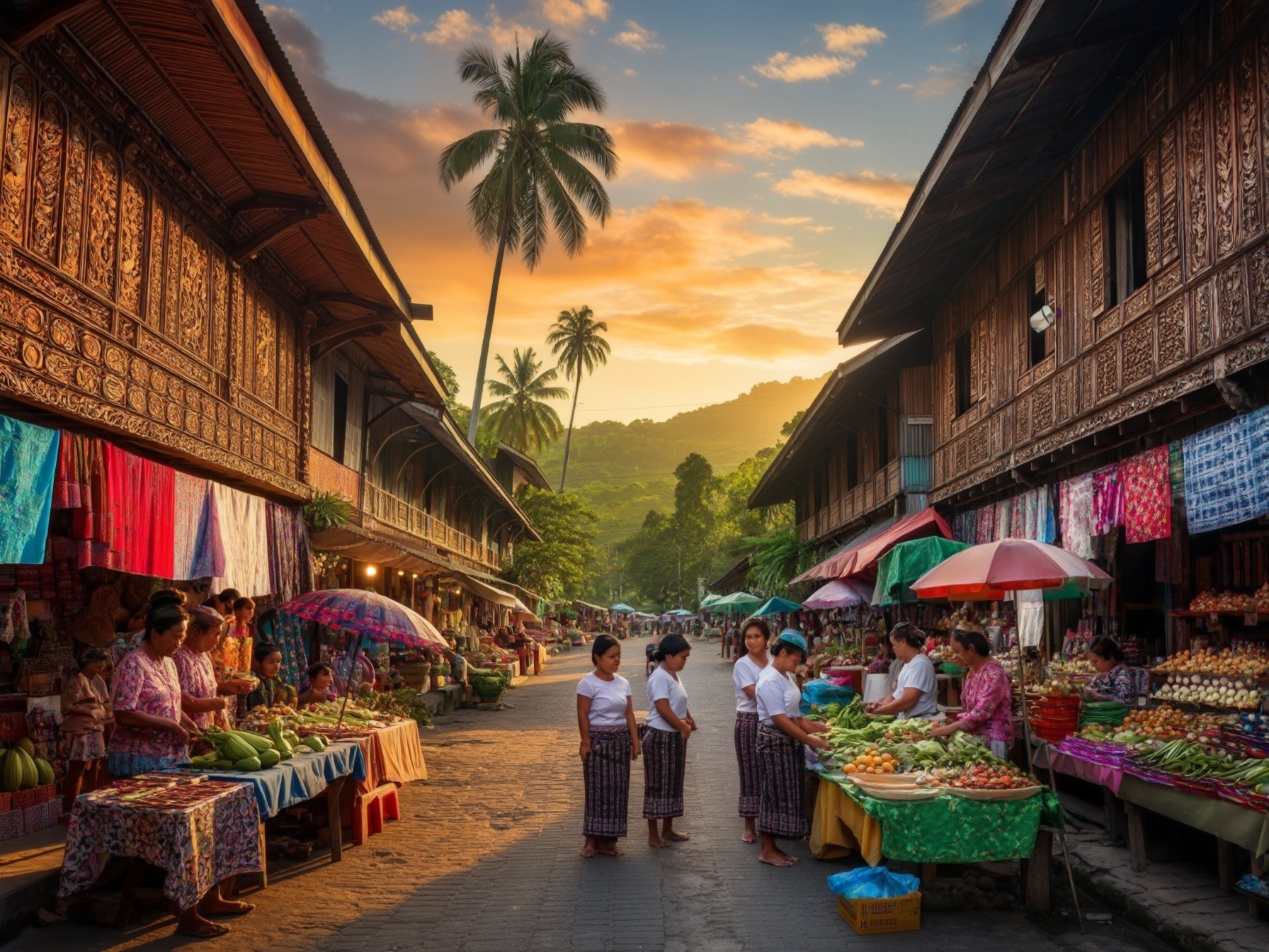 Bustling traditional market at sunset with vibrant stalls, colorful textiles, tropical fruits, and traditional wooden buildings.