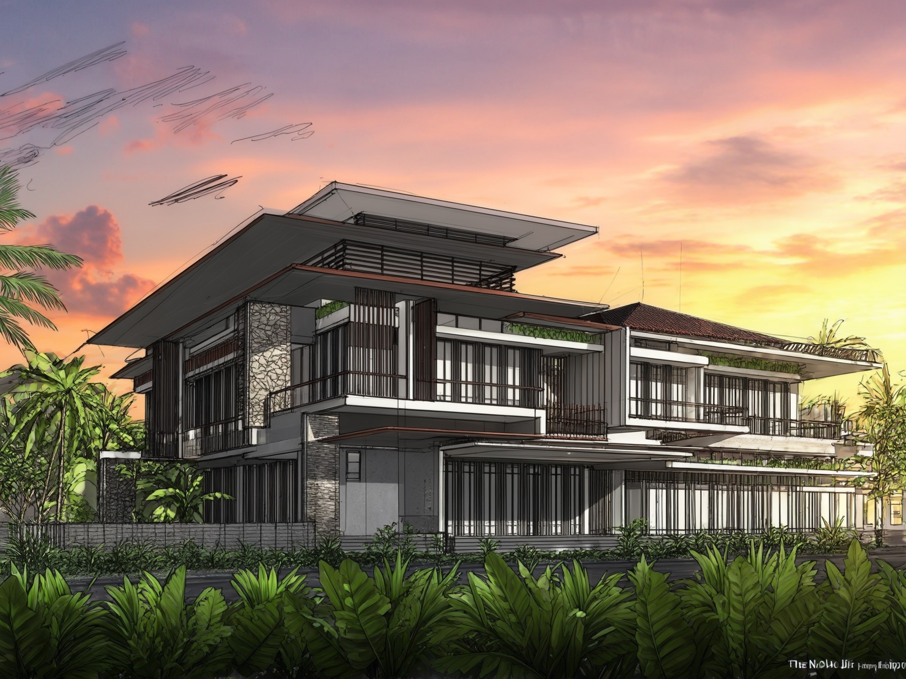 Modern tropical house design at sunset with lush greenery and expansive windows