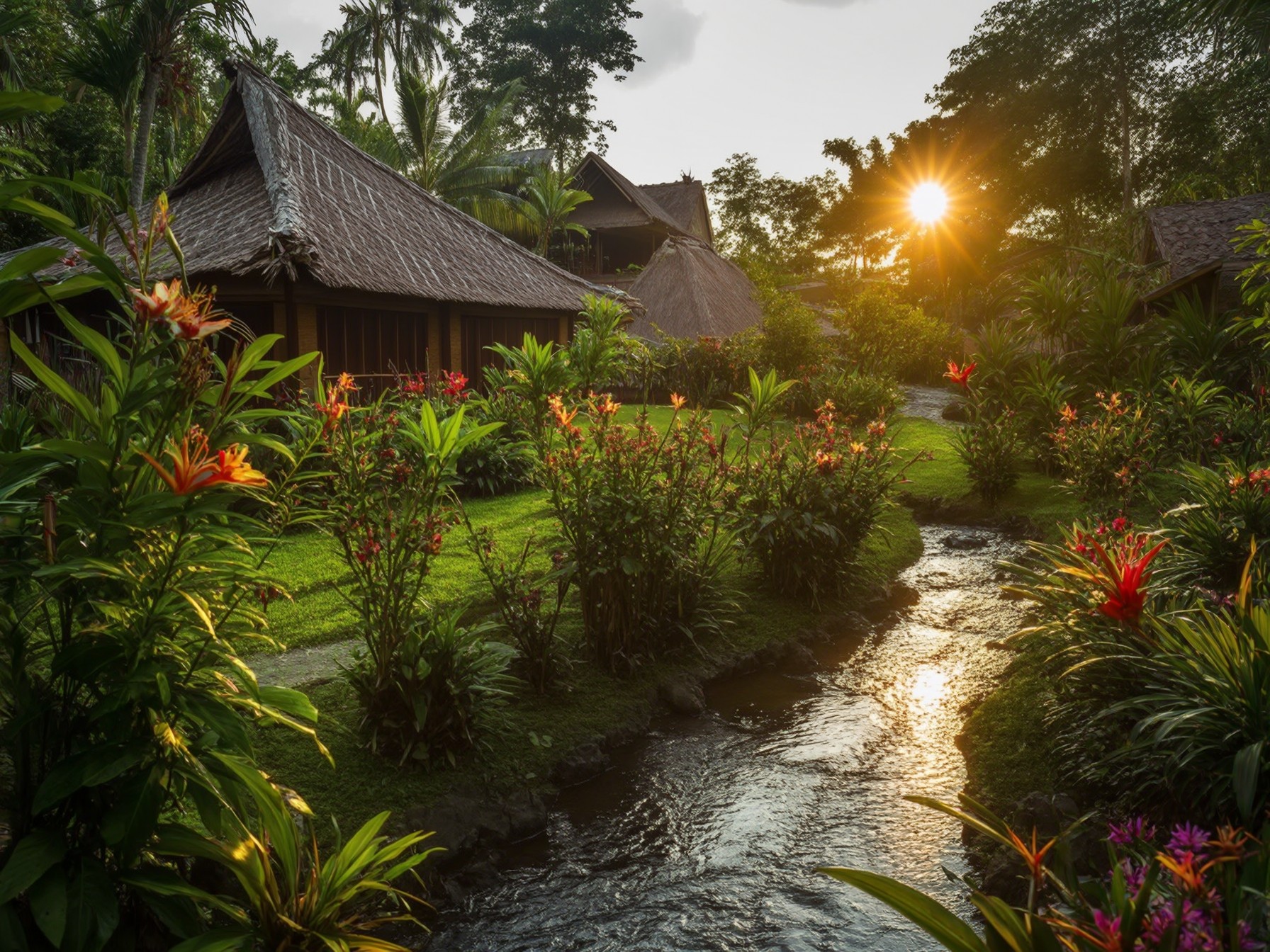 Beautiful tropical garden with a stream, vibrant flowers, and traditional thatched-roof huts at sunset.