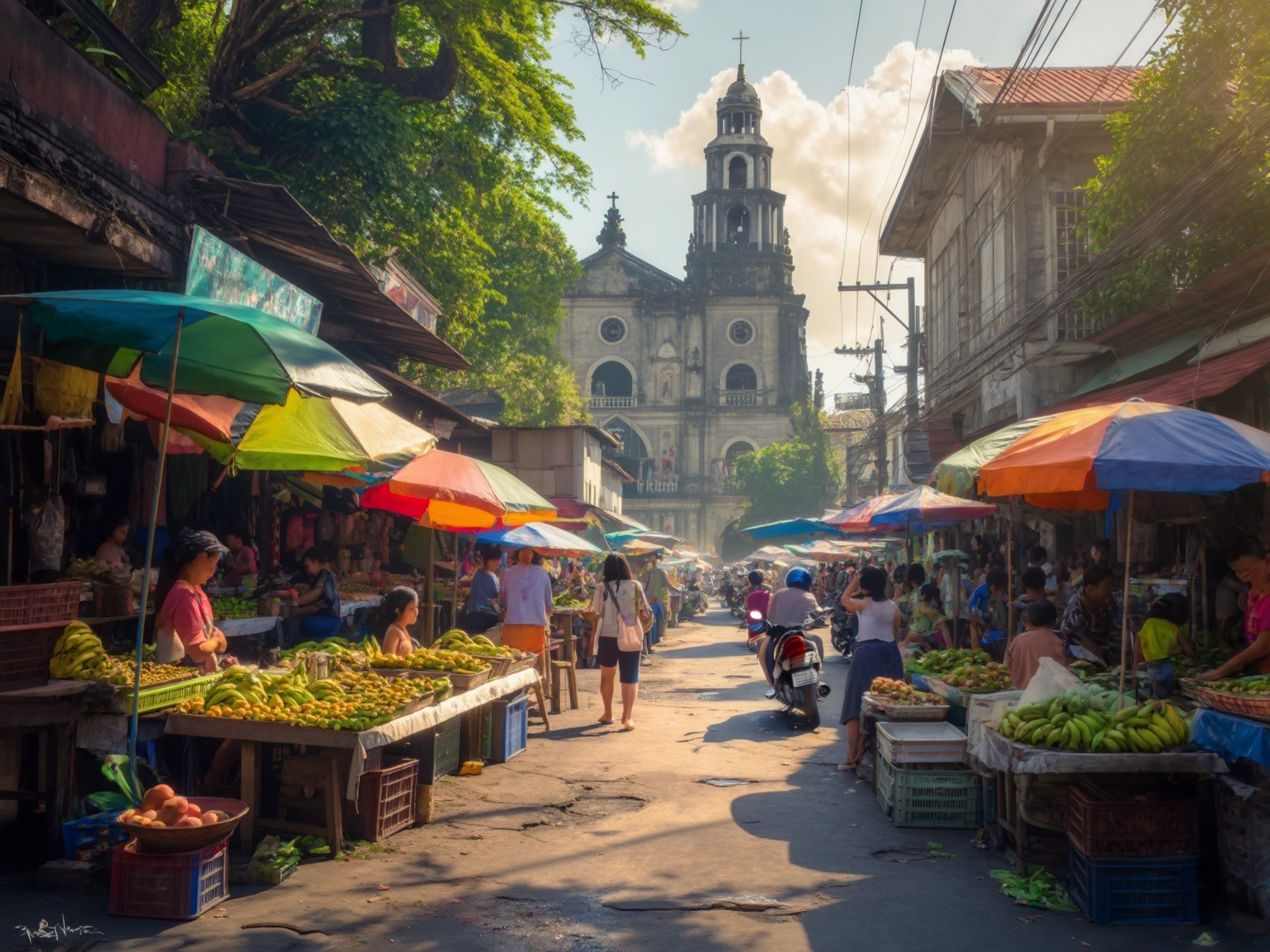 Colorful outdoor market scene with fruit stalls and umbrellas lining a busy street, featuring a historical church in the background.