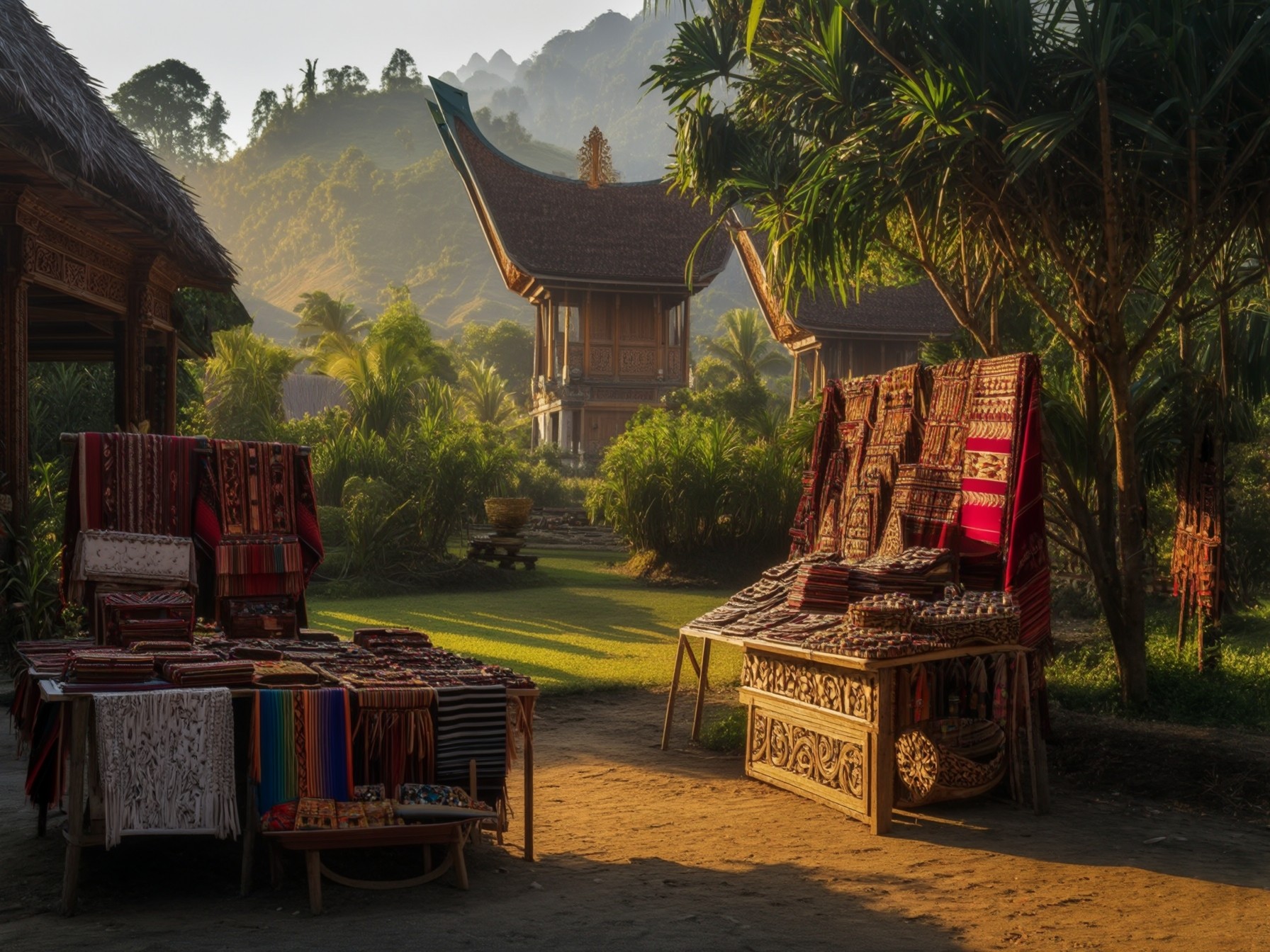 Traditional Indonesian market stall with colorful textiles and wooden carvings set against a mountainous backdrop at sunrise.