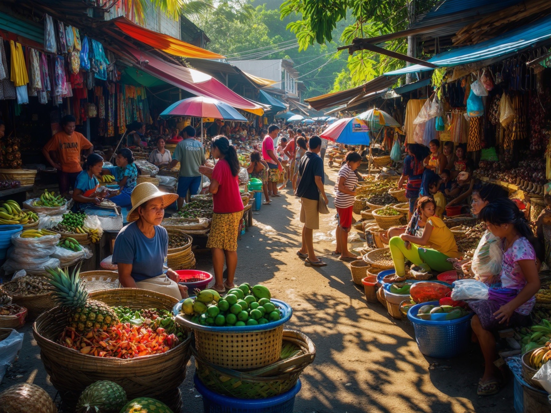 Bustling outdoor market with colorful stalls selling fruits, vegetables, and local goods, under vibrant umbrellas and surrounded by shoppers.