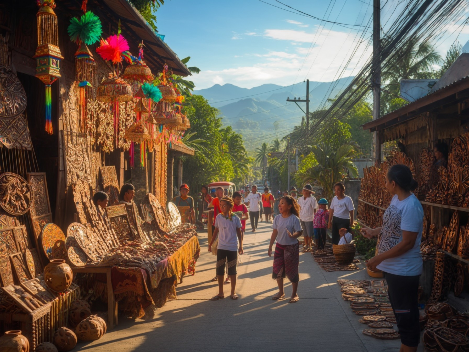 A vibrant street market with people browsing traditional wooden crafts and colorful decorations under a clear blue sky.