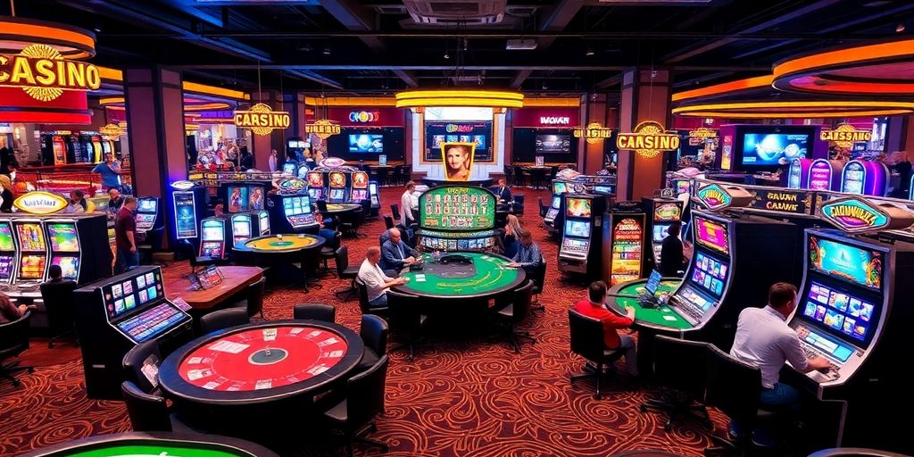 Exciting online casino atmosphere with players and gaming tables.