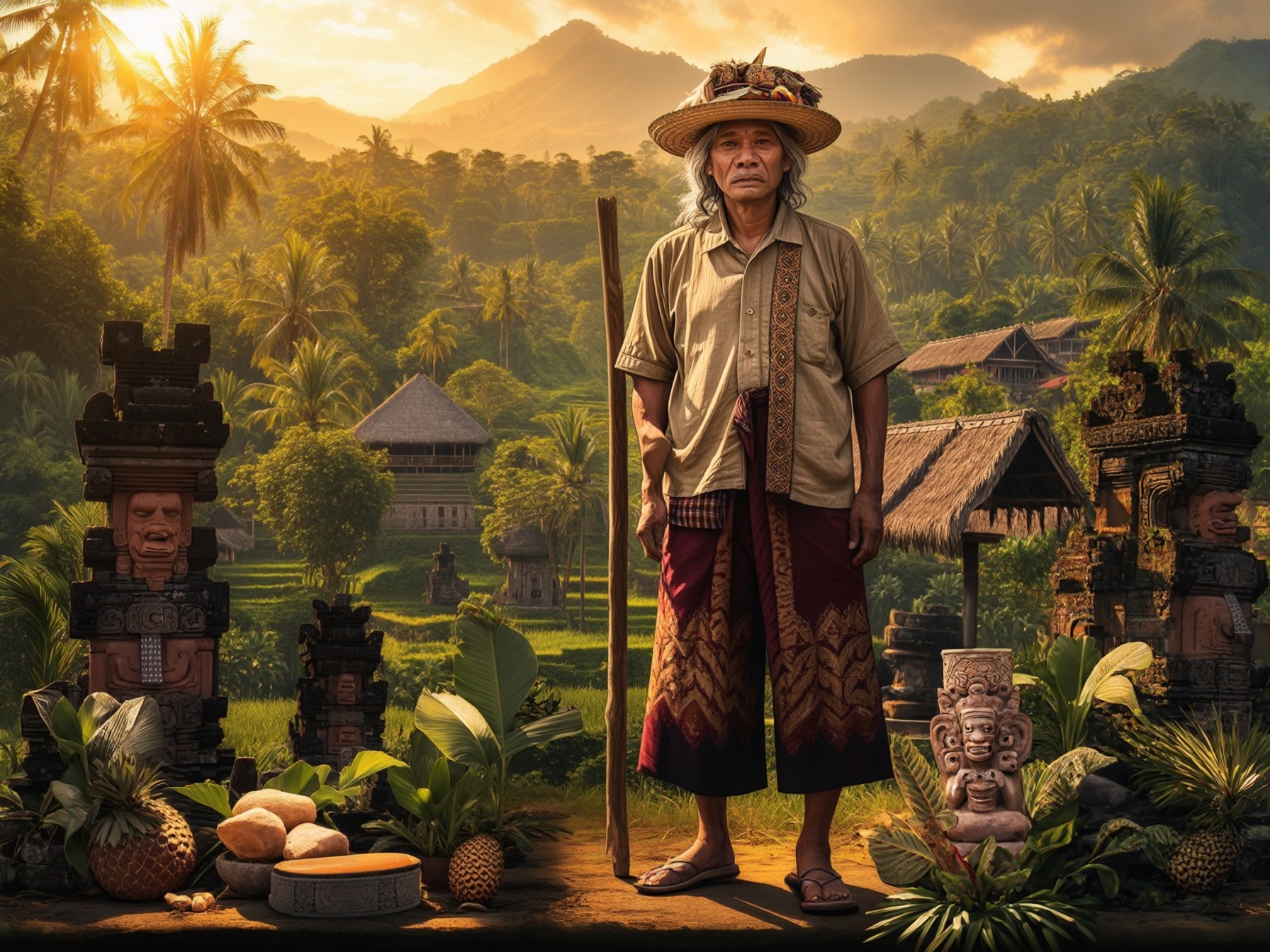 Traditional Balinese landscape with temples, tropical plants, and a person in traditional attire at sunset.