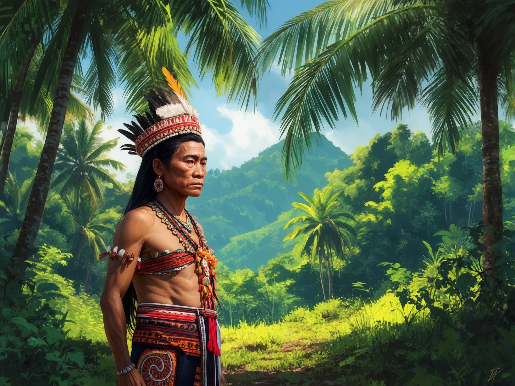 A person in traditional tribal attire with vibrant decorations stands in a lush tropical jungle under bright sunlight.