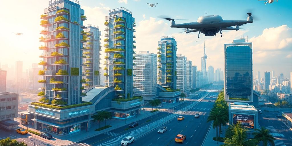 Futuristic city with advanced technology and greenery.