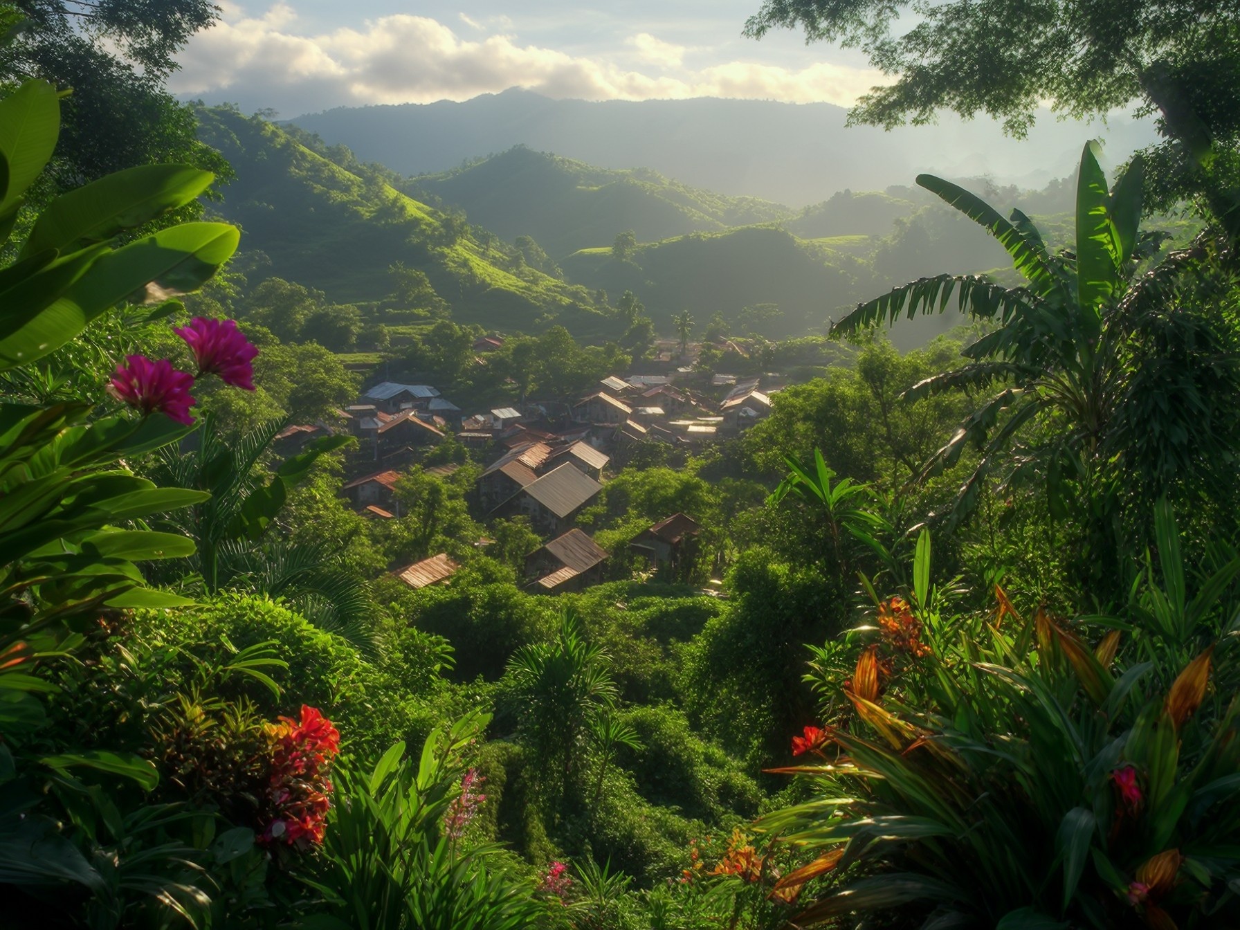 Lush green tropical village surrounded by mountains and vibrant flowers under sunlight at sunrise, serene and picturesque.