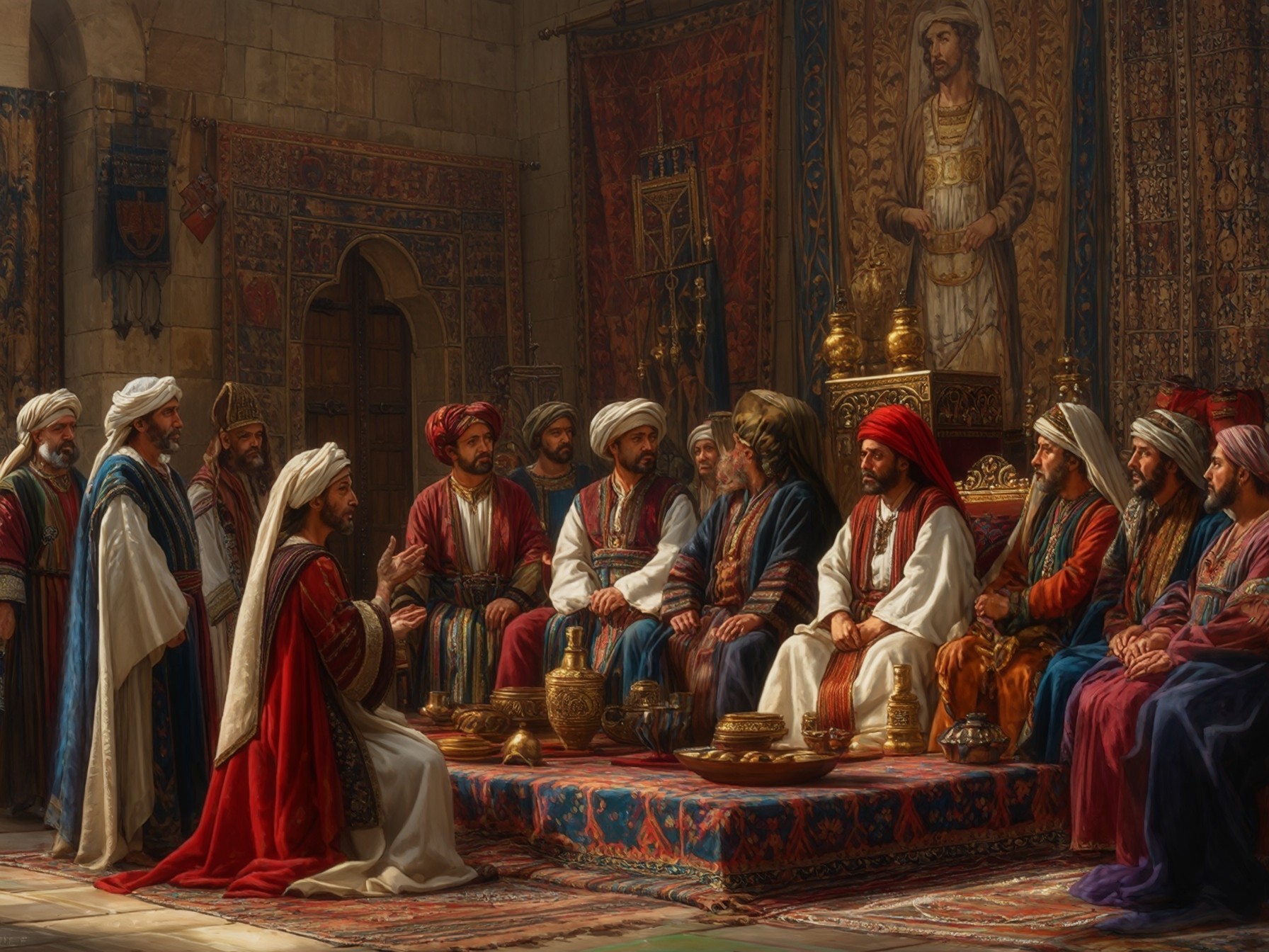 A group of people wearing traditional Middle Eastern attire sit and stand around a room adorned with ornate textiles and decorative items.