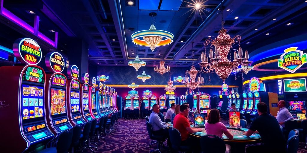 Vibrant casino scene with slot machines and gaming table.