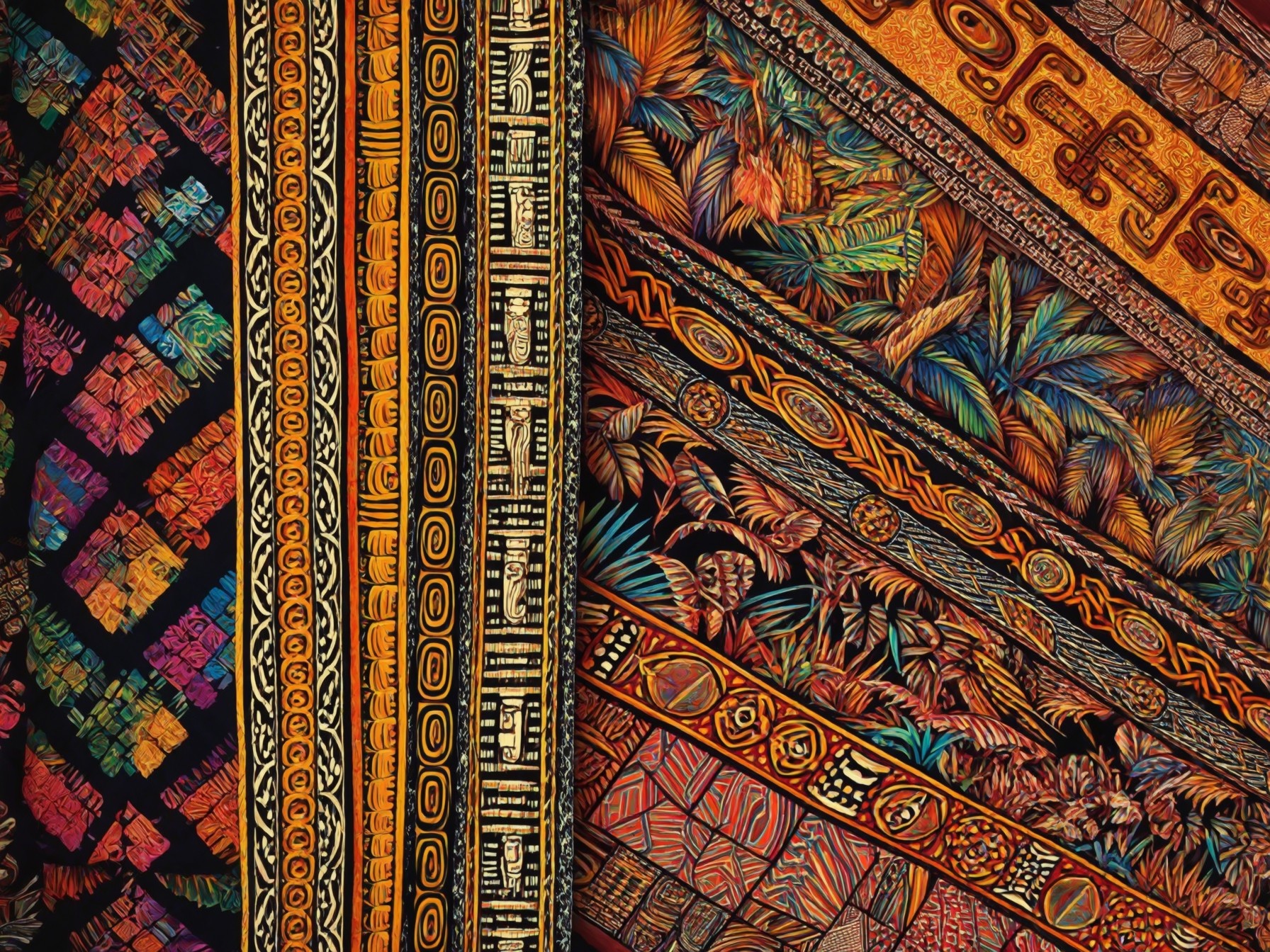 Colorful tribal patterns and abstract designs on fabric, vibrant textile art with intricate details and earthy tones.