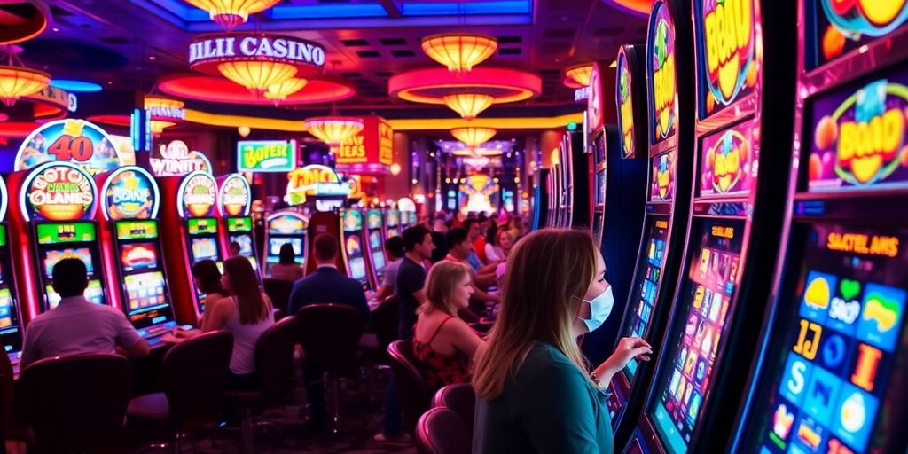 Colorful slot machines in a lively casino atmosphere.