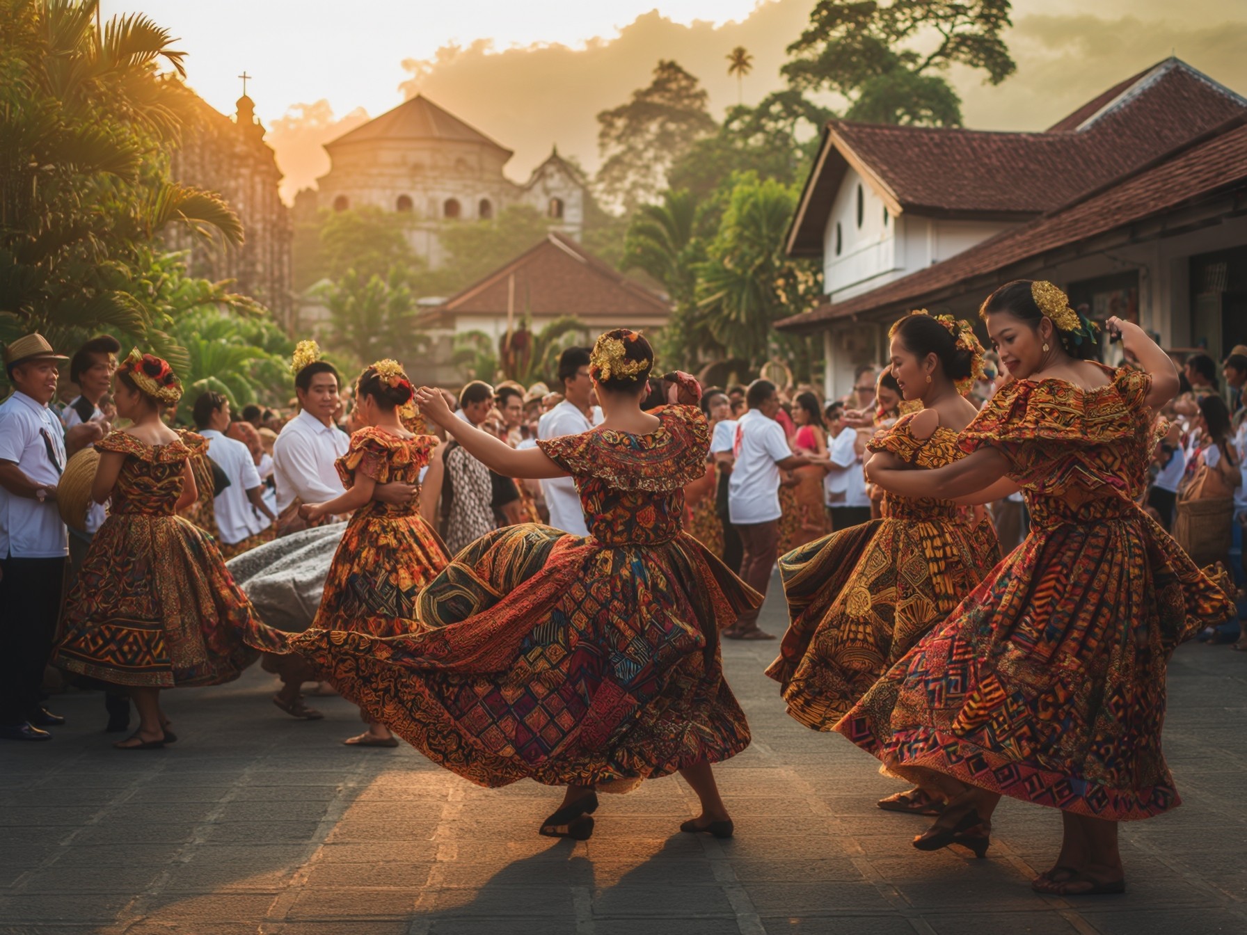 A group of people wearing traditional costumes dance during a cultural festival in a historical town setting.