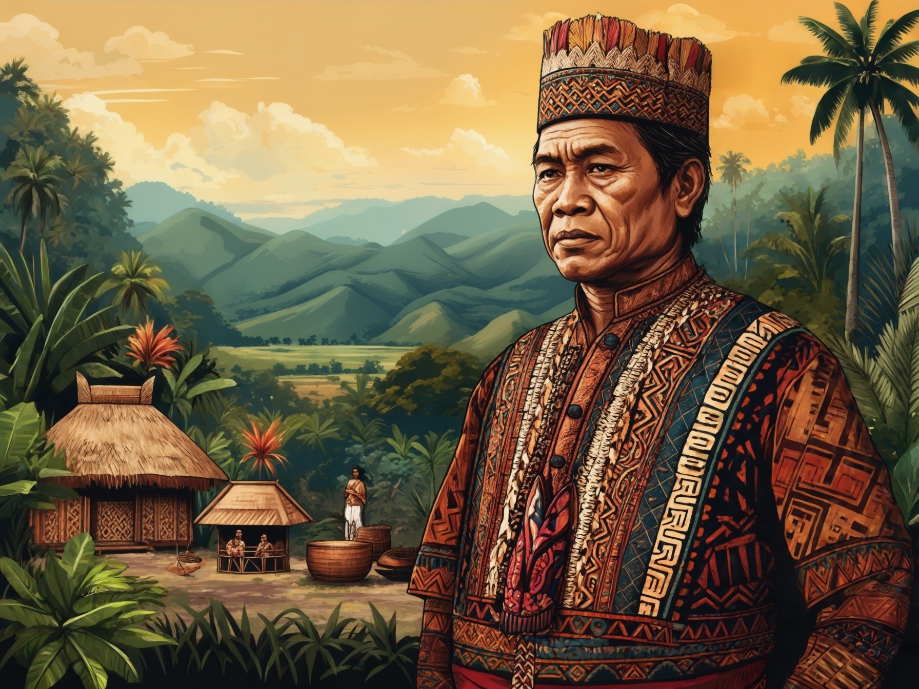 Traditional tribal attire with indigenous village huts, lush tropical vegetation, and scenic mountain landscape in the background.