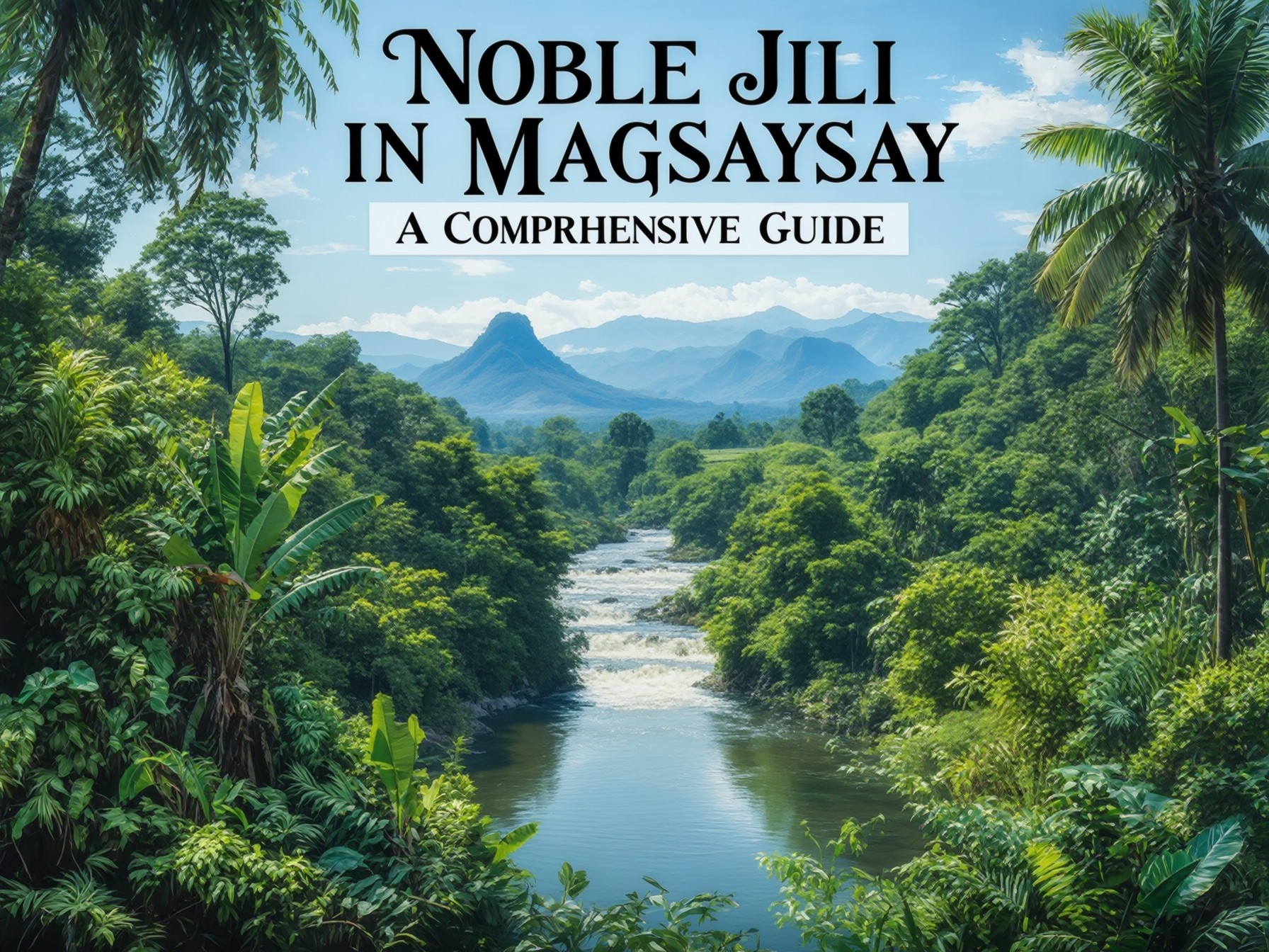 Lush tropical landscape with river and mountains, promoting "Noble Jili in Magsaysay: A Comprehensive Guide."