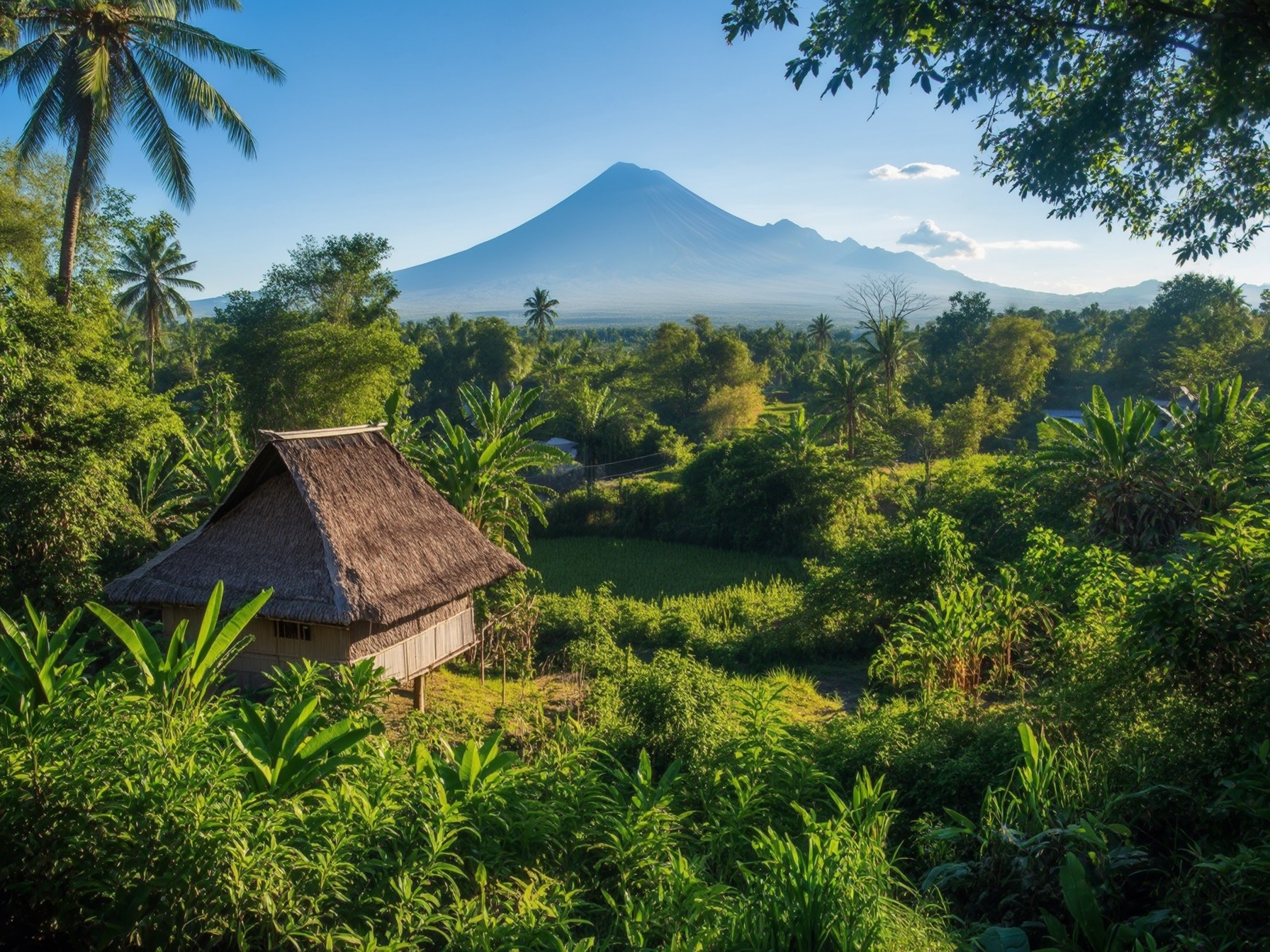 Traditional bamboo hut in lush tropical forest with a stunning mountain backdrop, offering a serene natural landscape view.