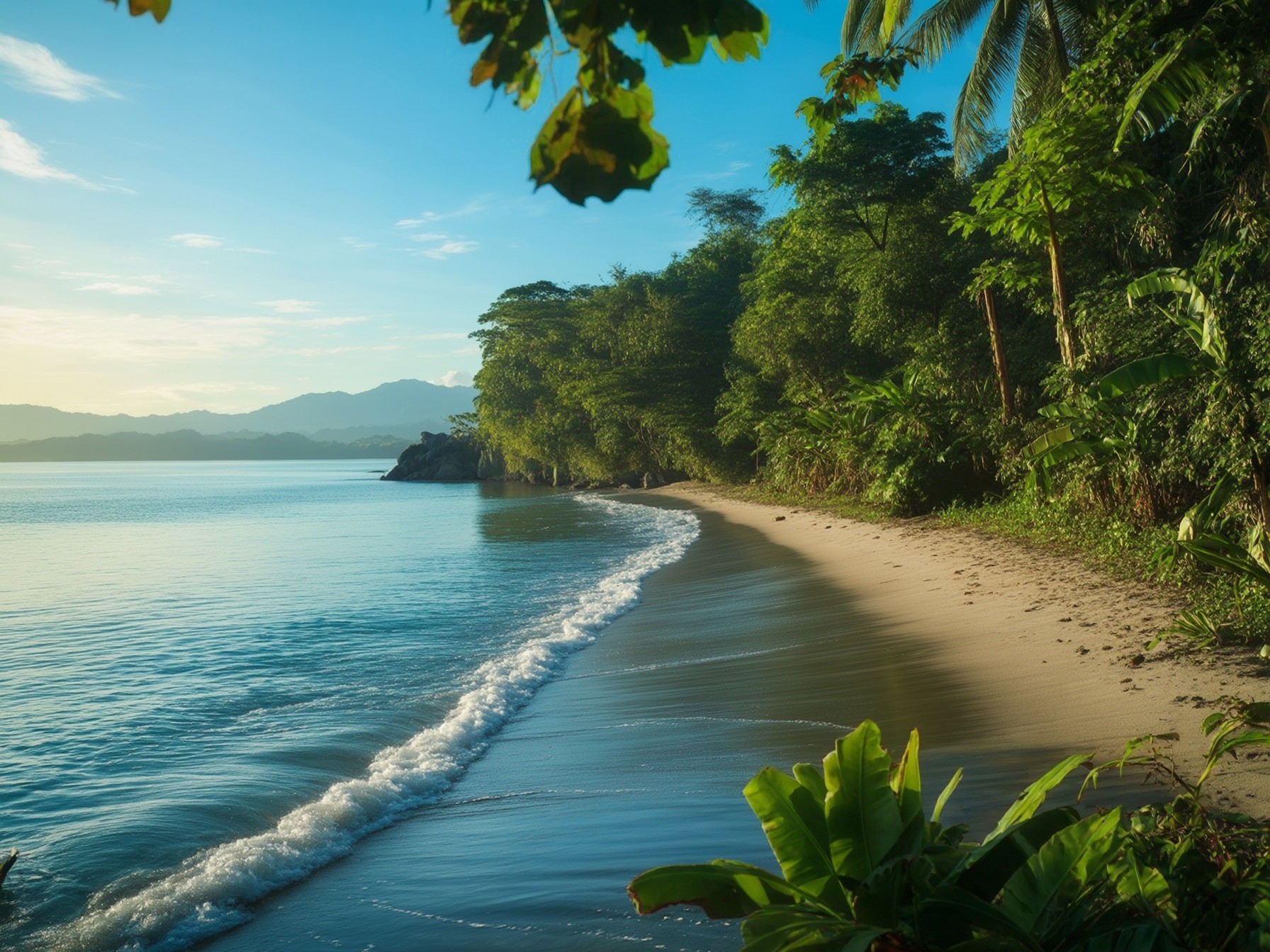 Tropical beach with lush green foliage, calm ocean waves, and a clear blue sky, ideal for a serene coastal escape.