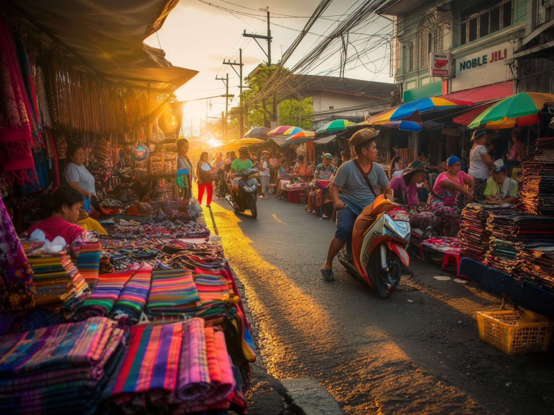 Busy street market at sunset with colorful textiles, motorbikes, and vibrant stalls, showcasing a lively commerce scene.