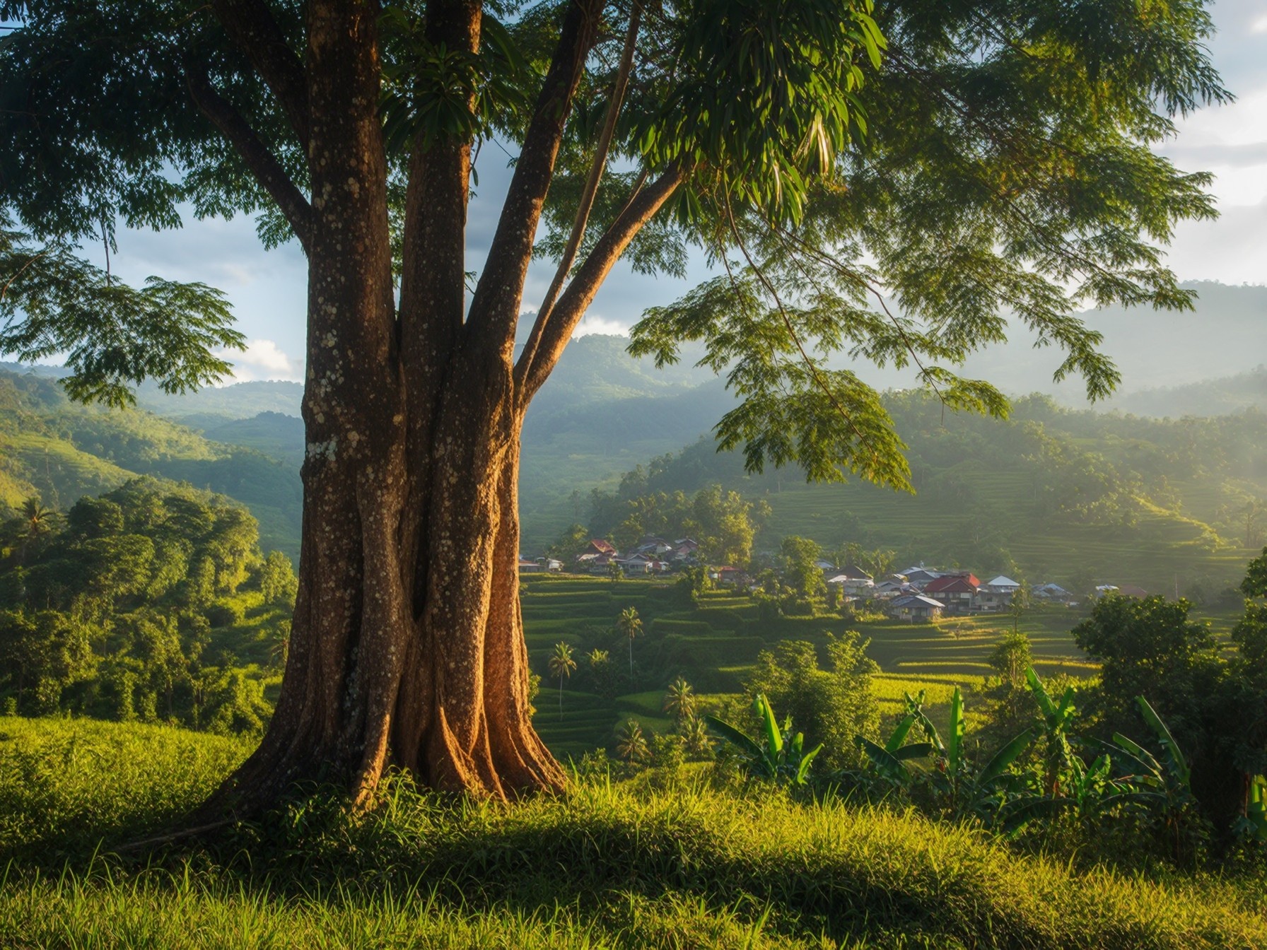 A large tree in the foreground overlooking lush green rice terraces and a small village in a sunny valley landscape.