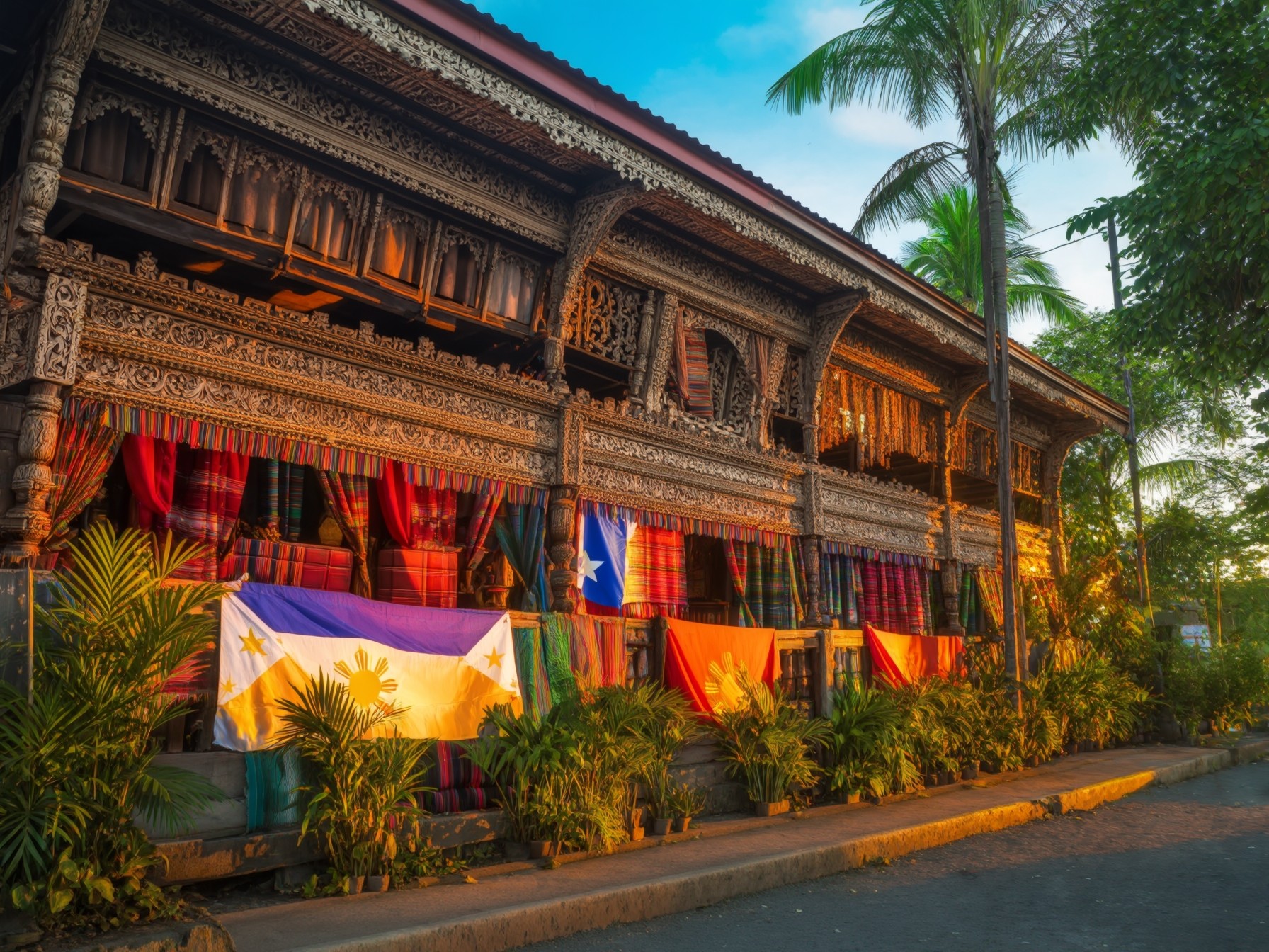 Traditional Filipino house with intricate wood carvings and flags, surrounded by lush tropical plants at sunset.