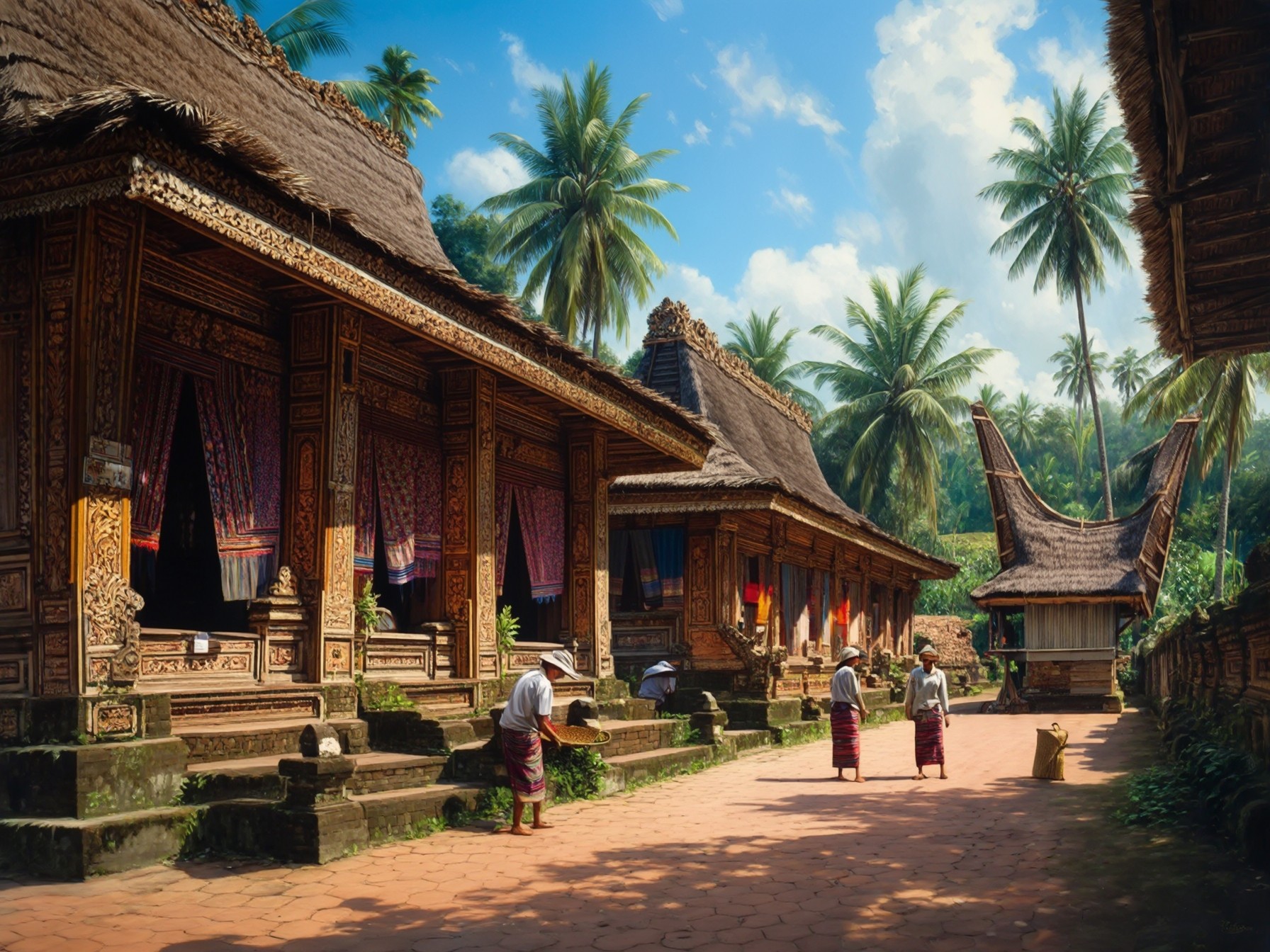 Traditional Balinese village with intricate wooden architecture and lush palm trees under a clear blue sky.