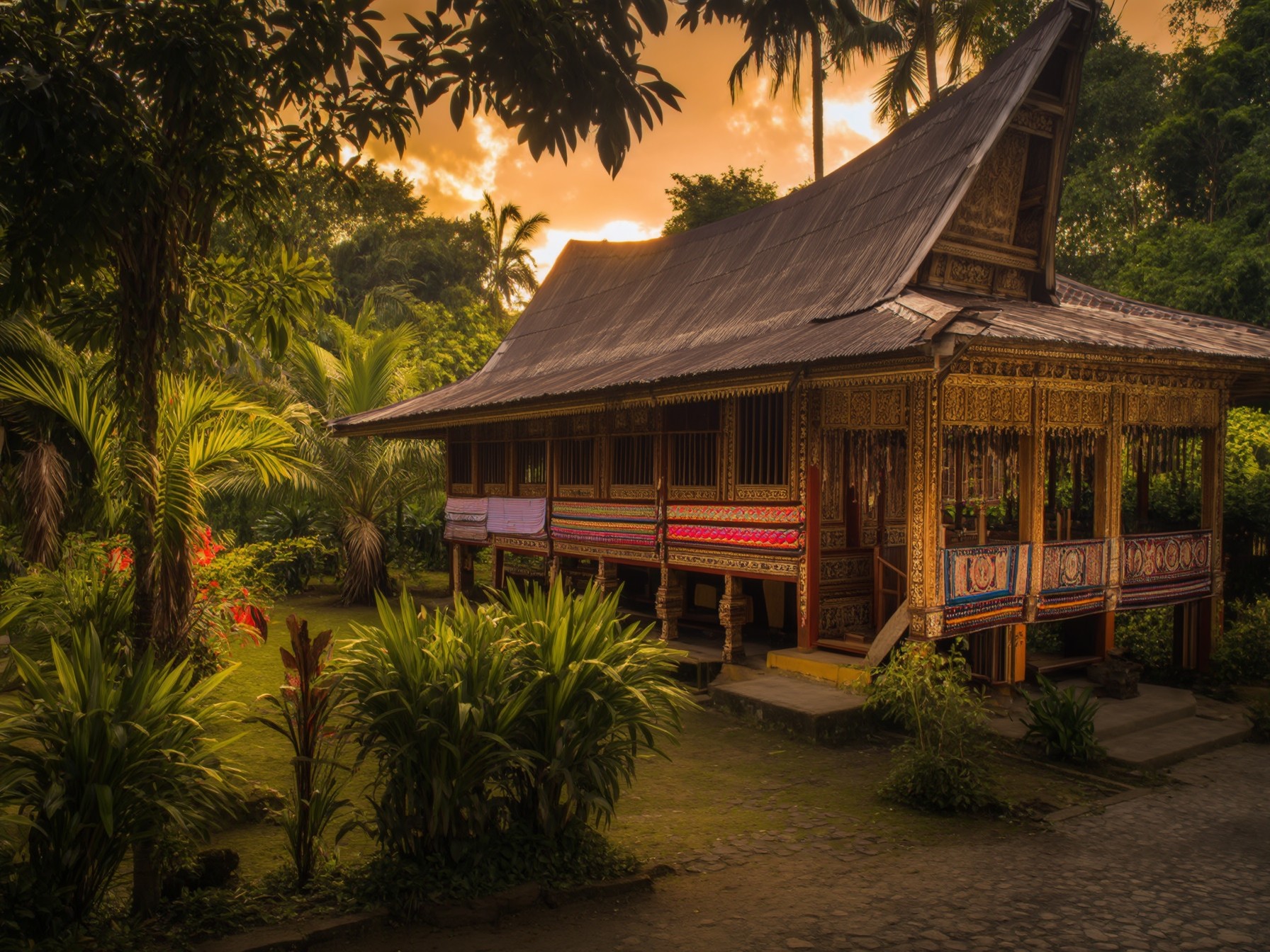 Traditional wooden house with intricate carvings and vibrant decorations set amidst lush tropical greenery at sunset.