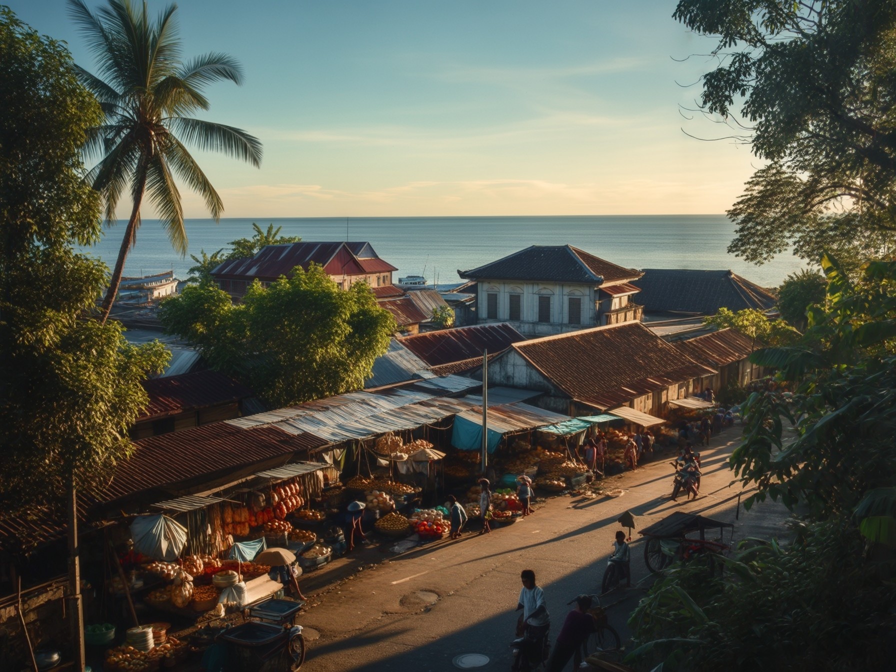 Scenic view of a bustling market street by the sea with palm trees and people, captured during a serene sunset.