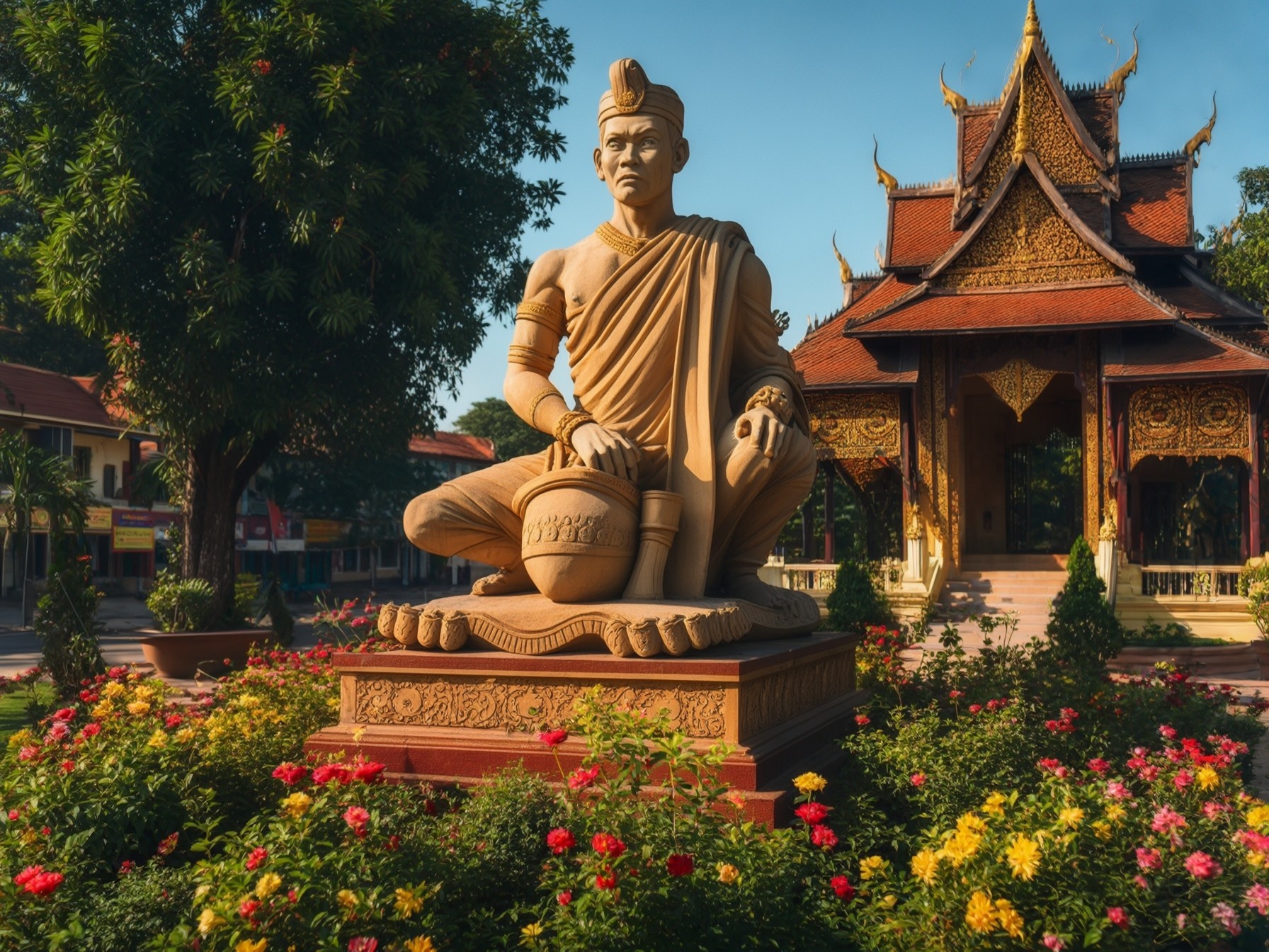 Large stone statue in colorful garden with ornate traditional Asian temple in the background.