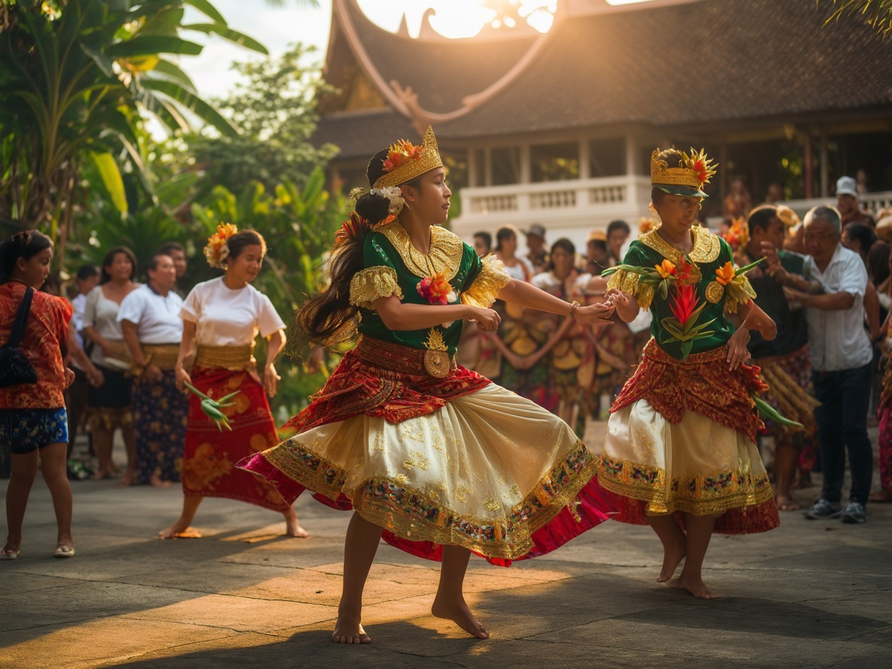 Traditional Balinese dancers performing in vibrant costumes at a cultural event, surrounded by an engaged audience.