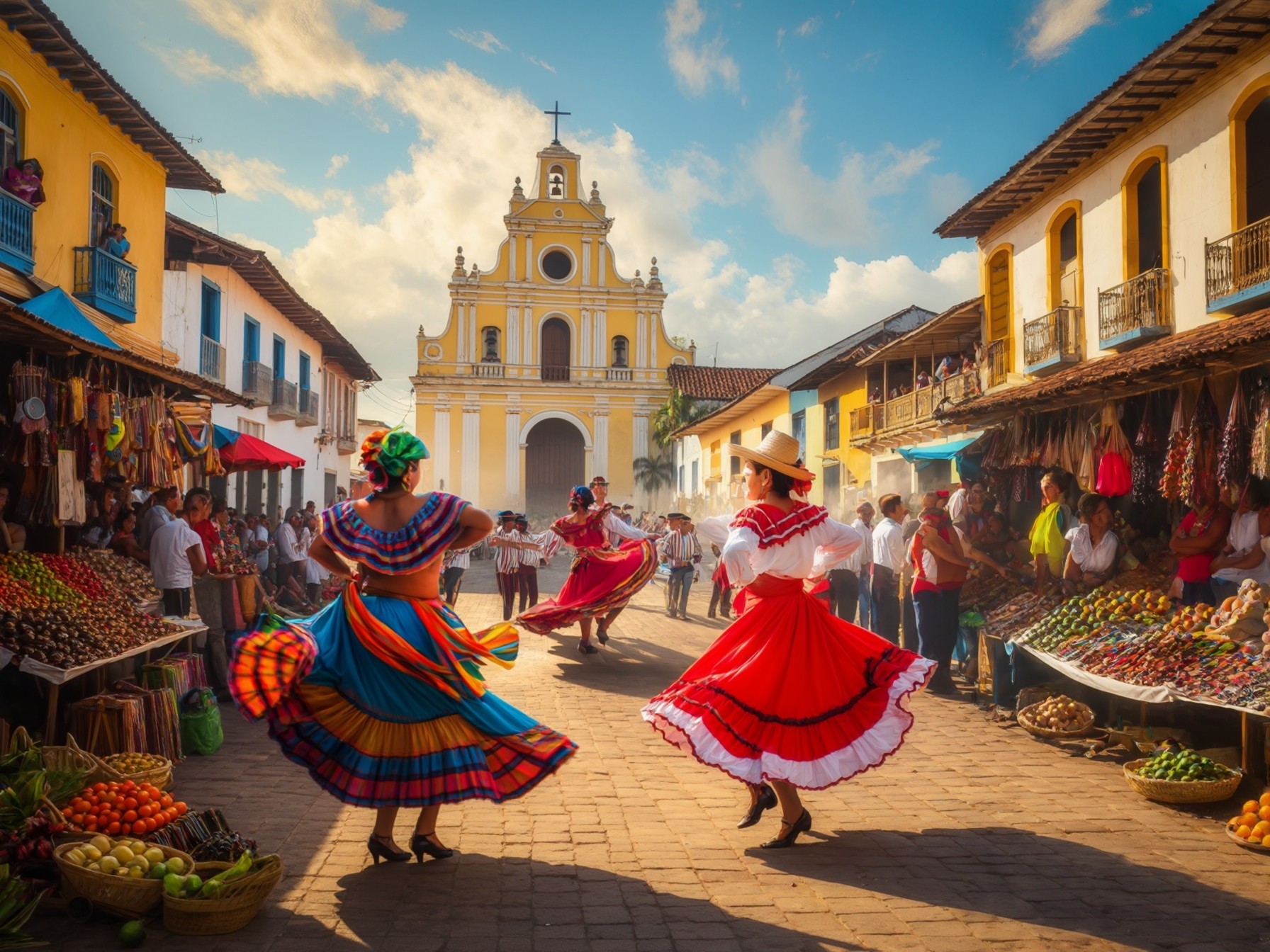 Traditional dancers in colorful dresses performing in a lively market square with a historic church in the background.