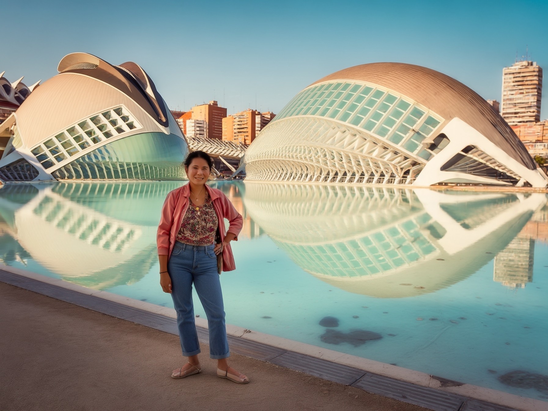 Woman standing in front of the futuristic buildings of the City of Arts and Sciences in Valencia, Spain, reflecting on clear water.