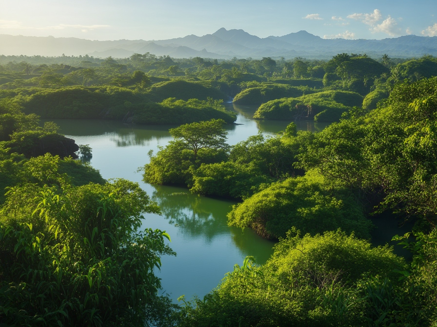 Serene tropical river winding through lush green foliage under a clear blue sky with distant mountains in the background.