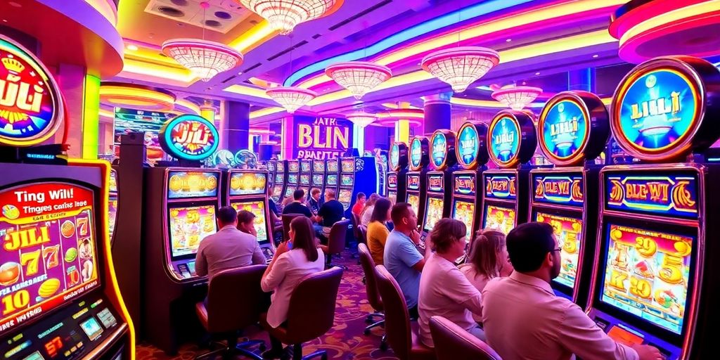 Colorful JILI slot machines in a lively casino setting.