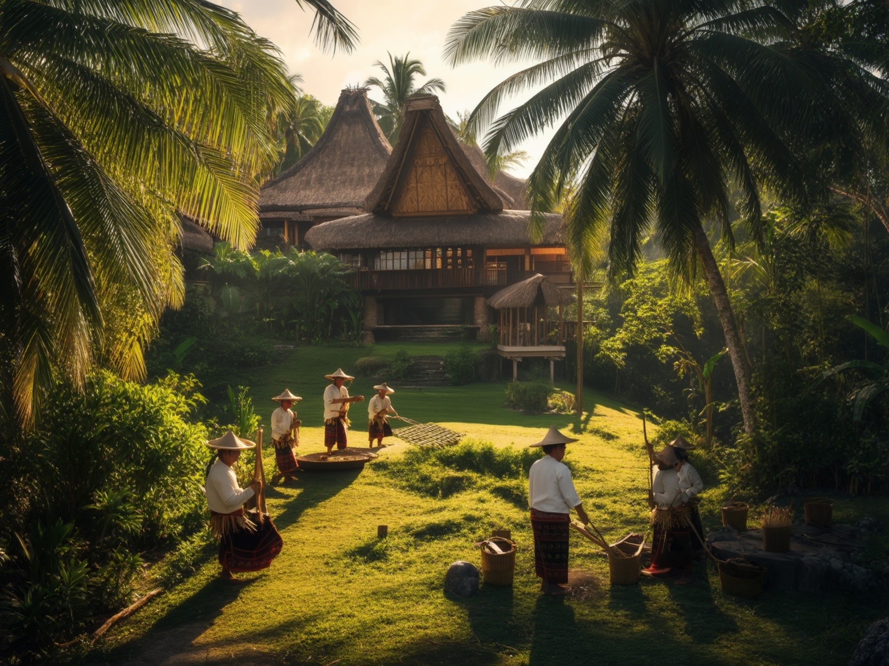 Five individuals in traditional attire work with baskets in a lush garden, near a tropical wooden house under palm trees.