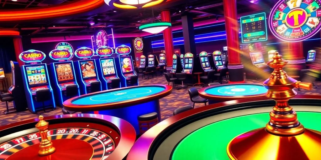 Colorful online casino scene with slot machines and poker tables.