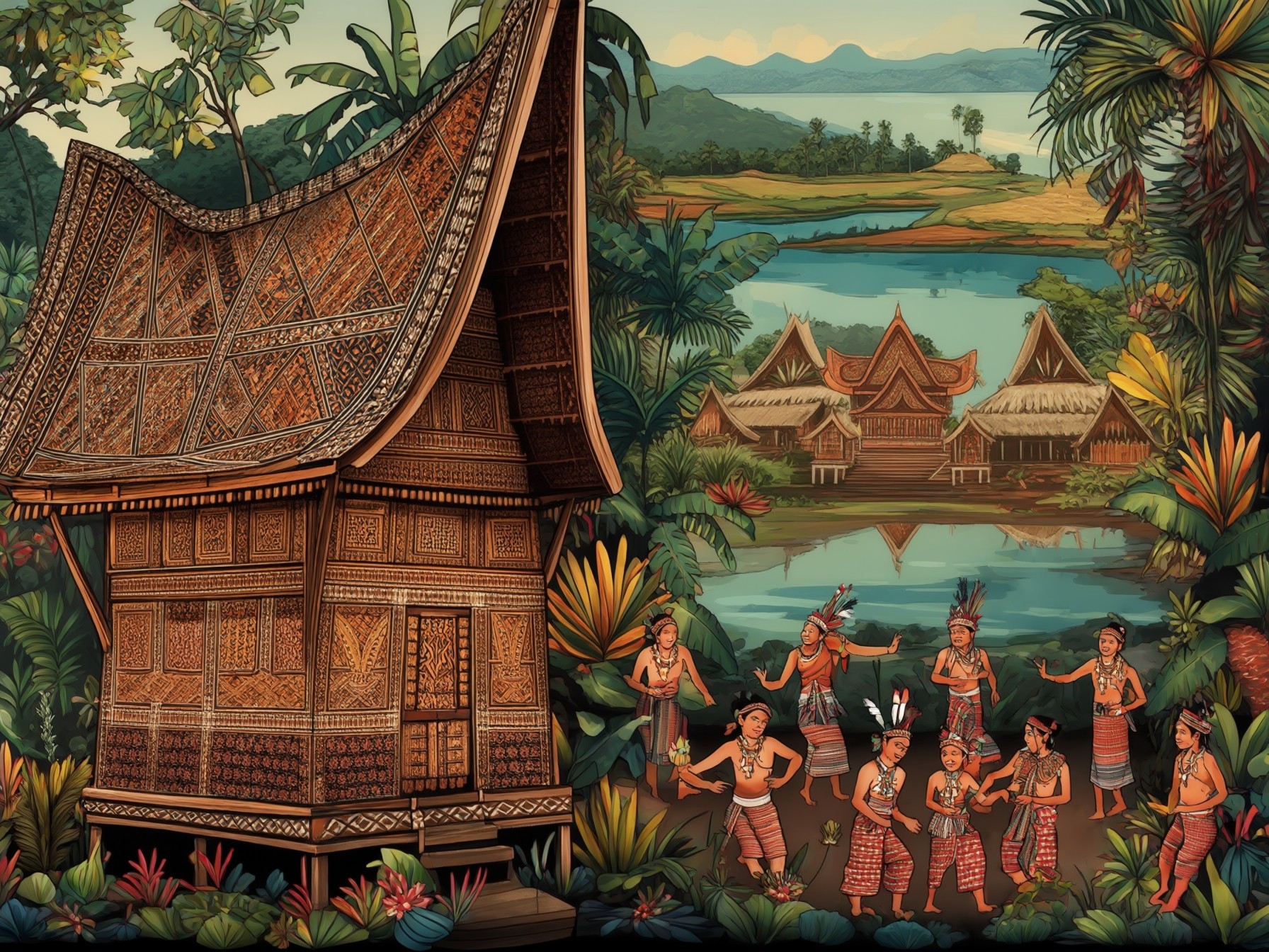 Traditional wooden house with intricate designs and people in cultural attire dancing in a lush tropical setting near a lake.