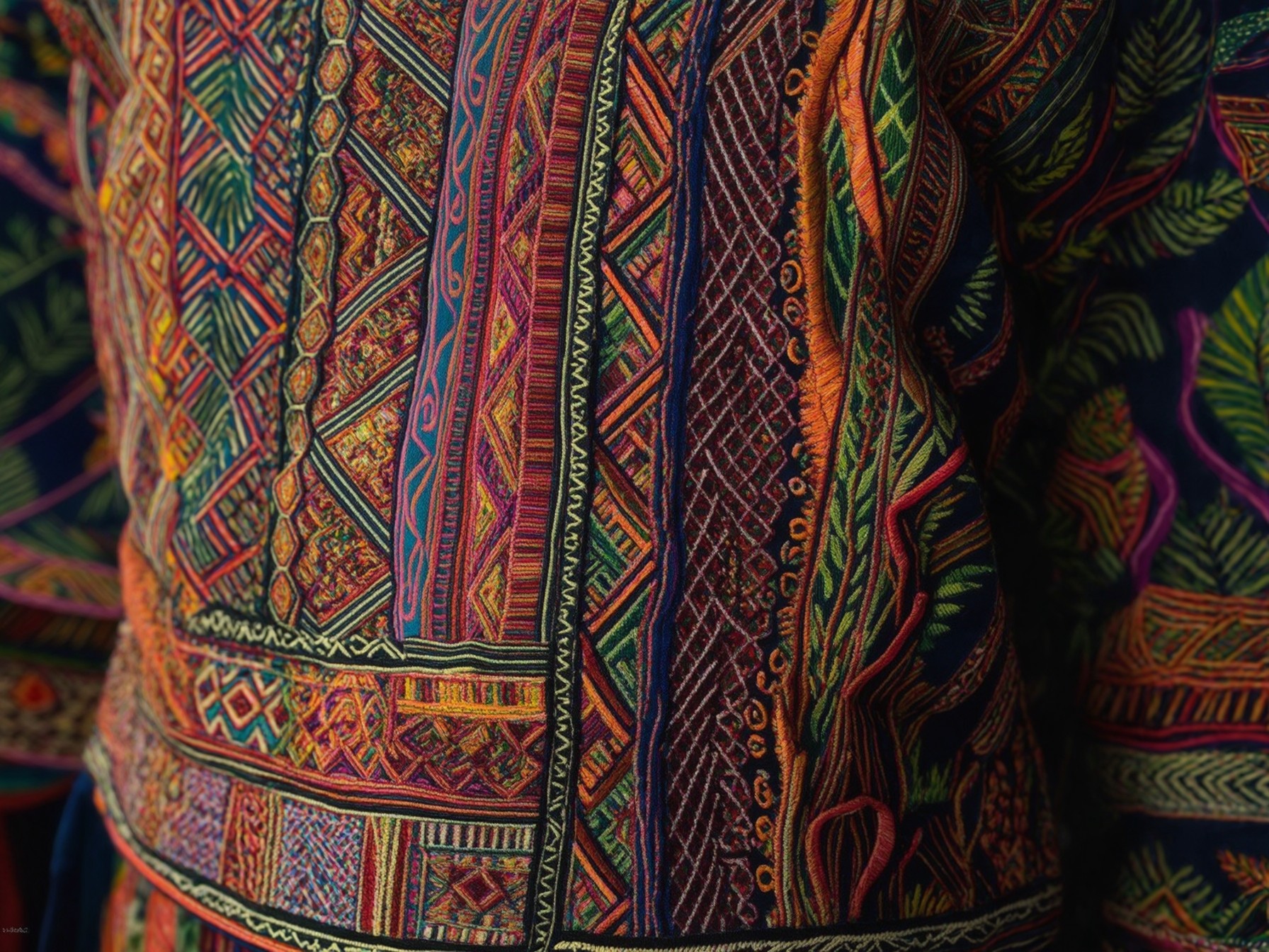 Close-up of colorful, intricate traditional textile patterns with geometric and floral designs.