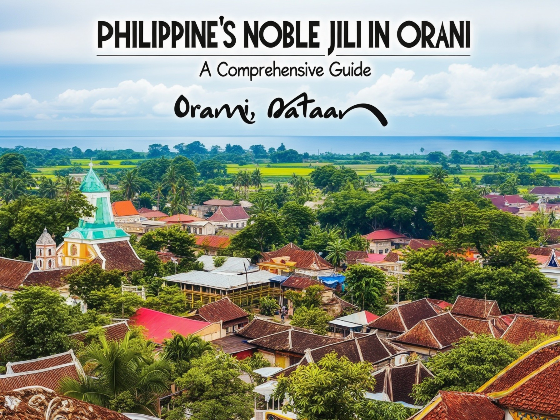 Aerial view of Orani, Bataan, showcasing lush greenery, traditional Philippine architecture, and a prominent church tower.