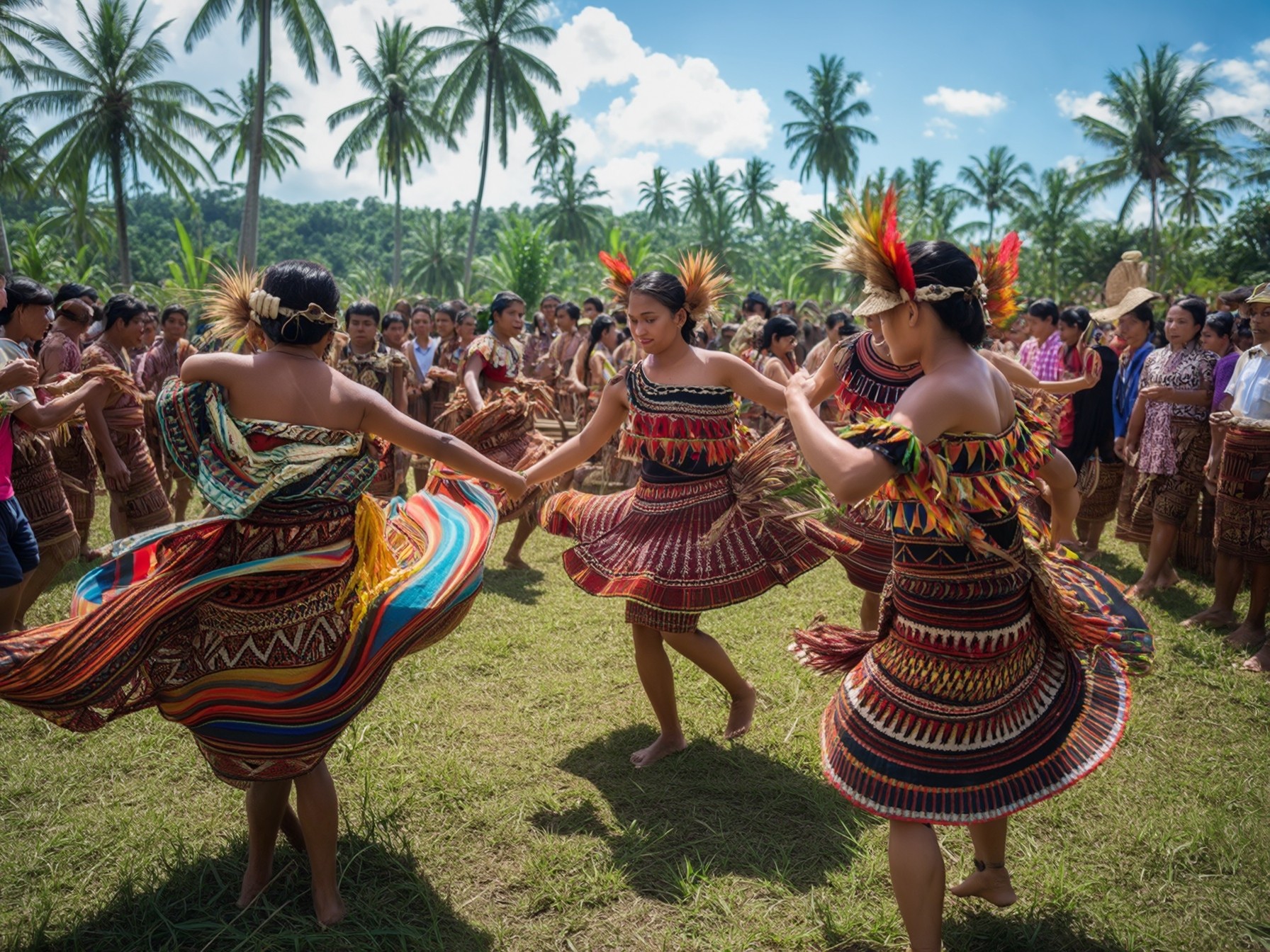 Traditional dancers in colorful tribal attire performing outdoors surrounded by palm trees and a crowd on a sunny day.