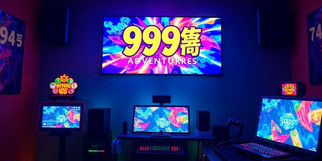 Colorful gaming setup with lights and console.