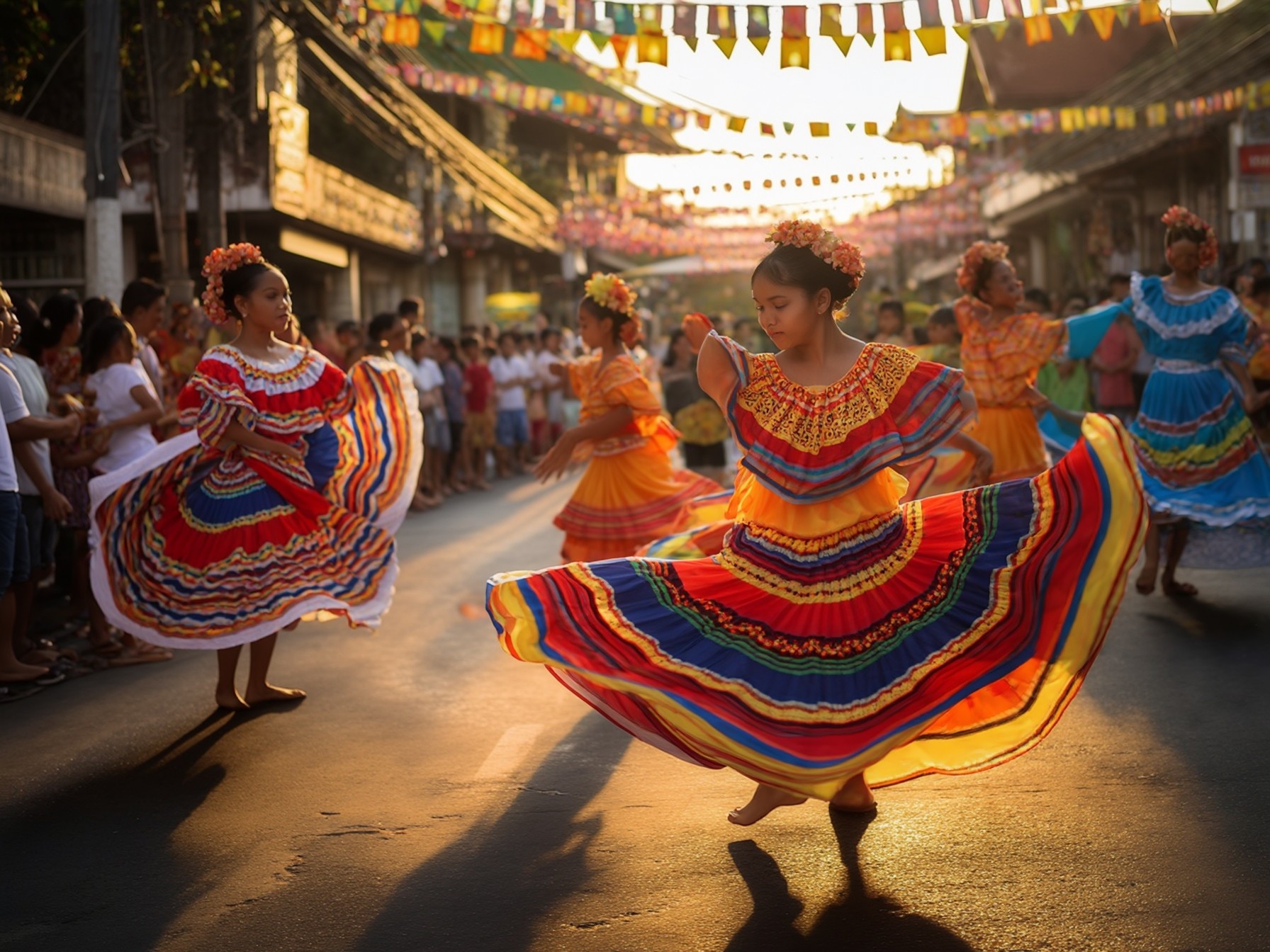 Traditional dancers in colorful costumes performing in a vibrant street festival with festive decorations and an audience in the background.