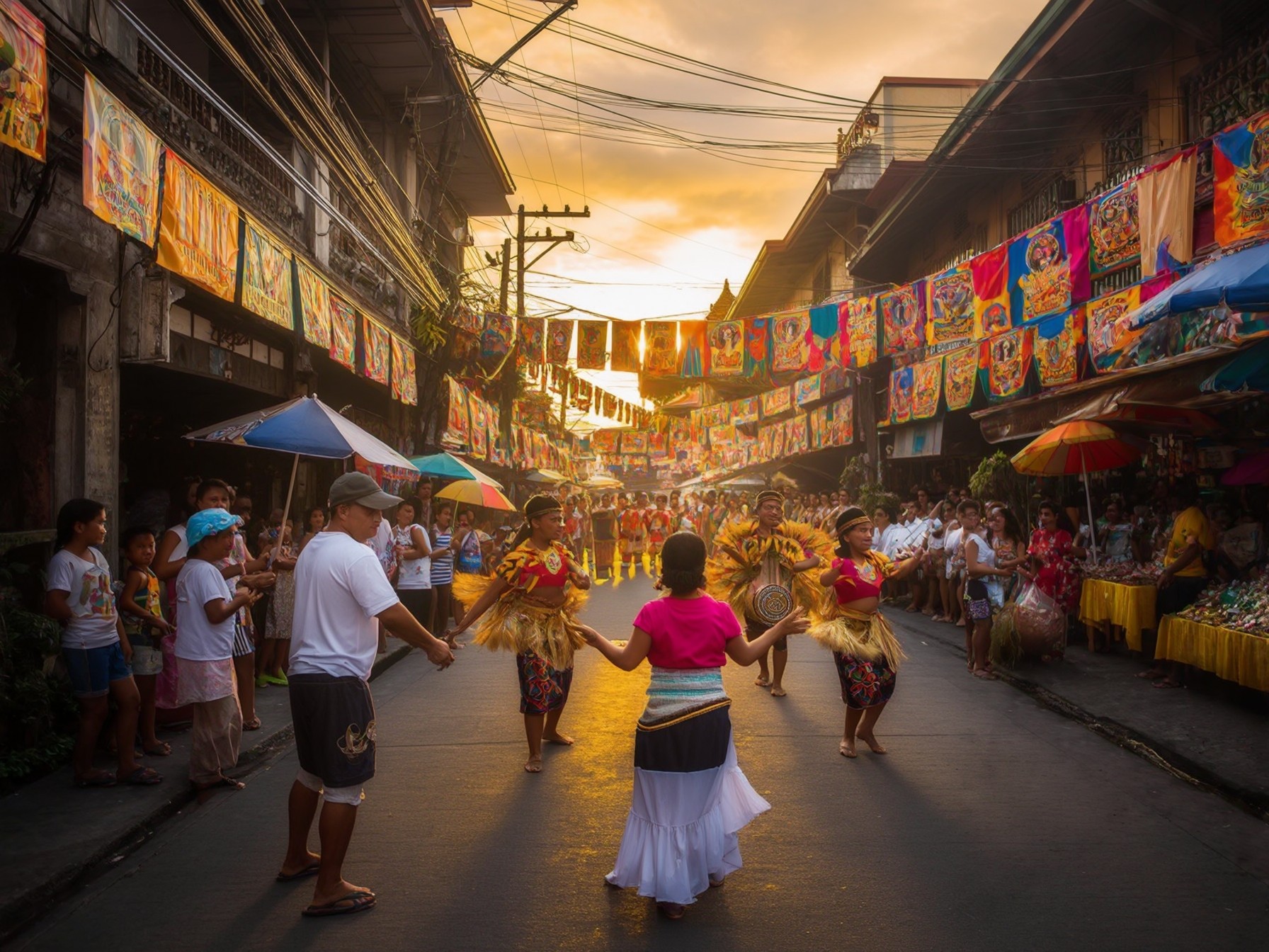 Traditional street festival with dancers in colorful costumes, vibrant decorations, and market stalls under a warm sunset.