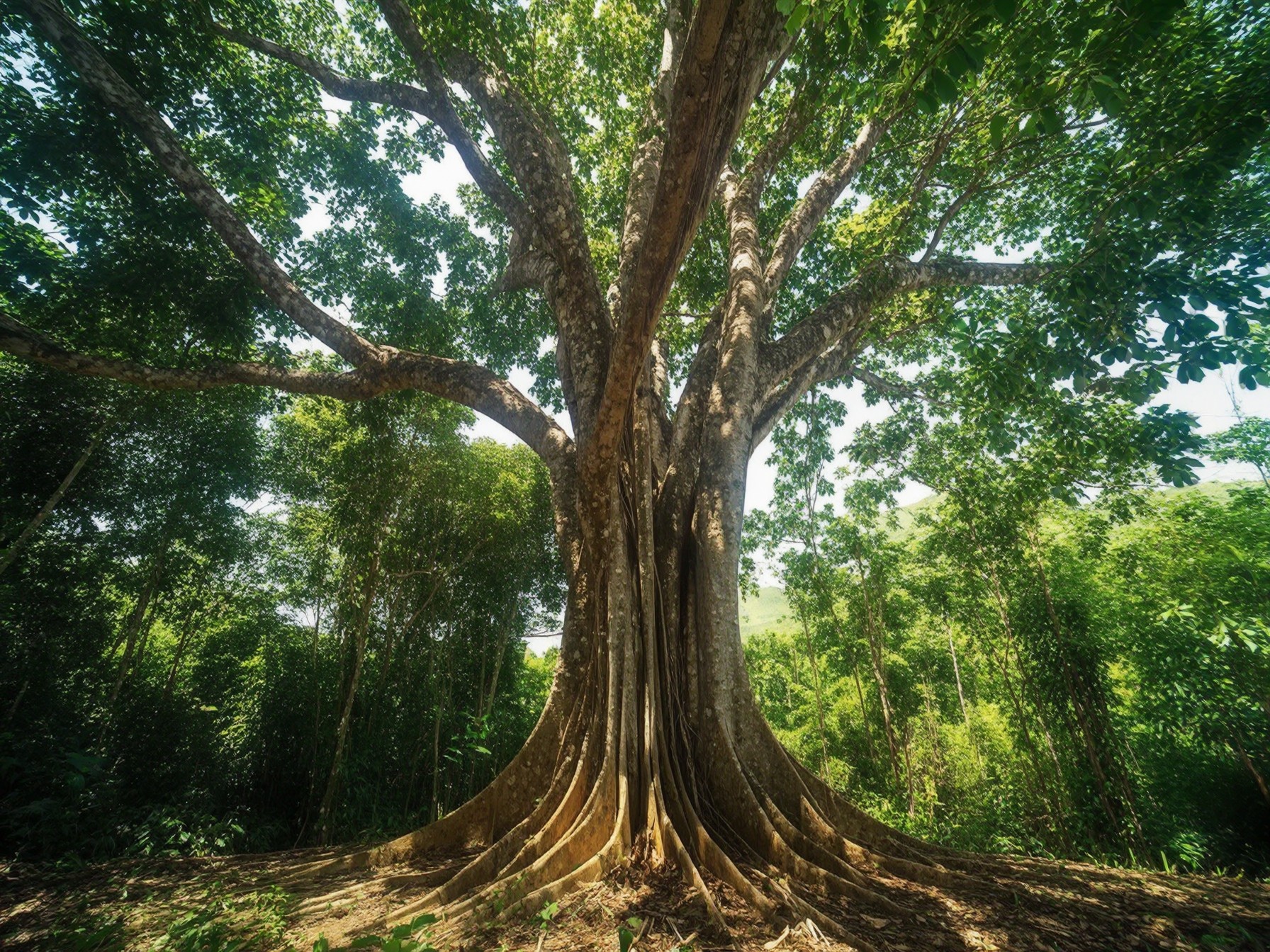 Majestic tropical tree with sprawling roots and lush green canopy in a dense forest, illuminated by sunlight filtering through.