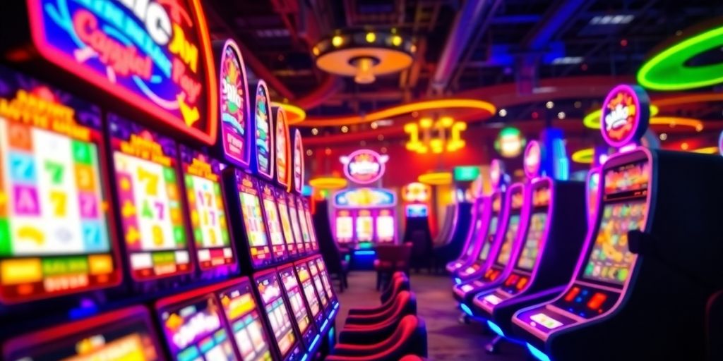 Colorful slot machines in a lively casino setting.